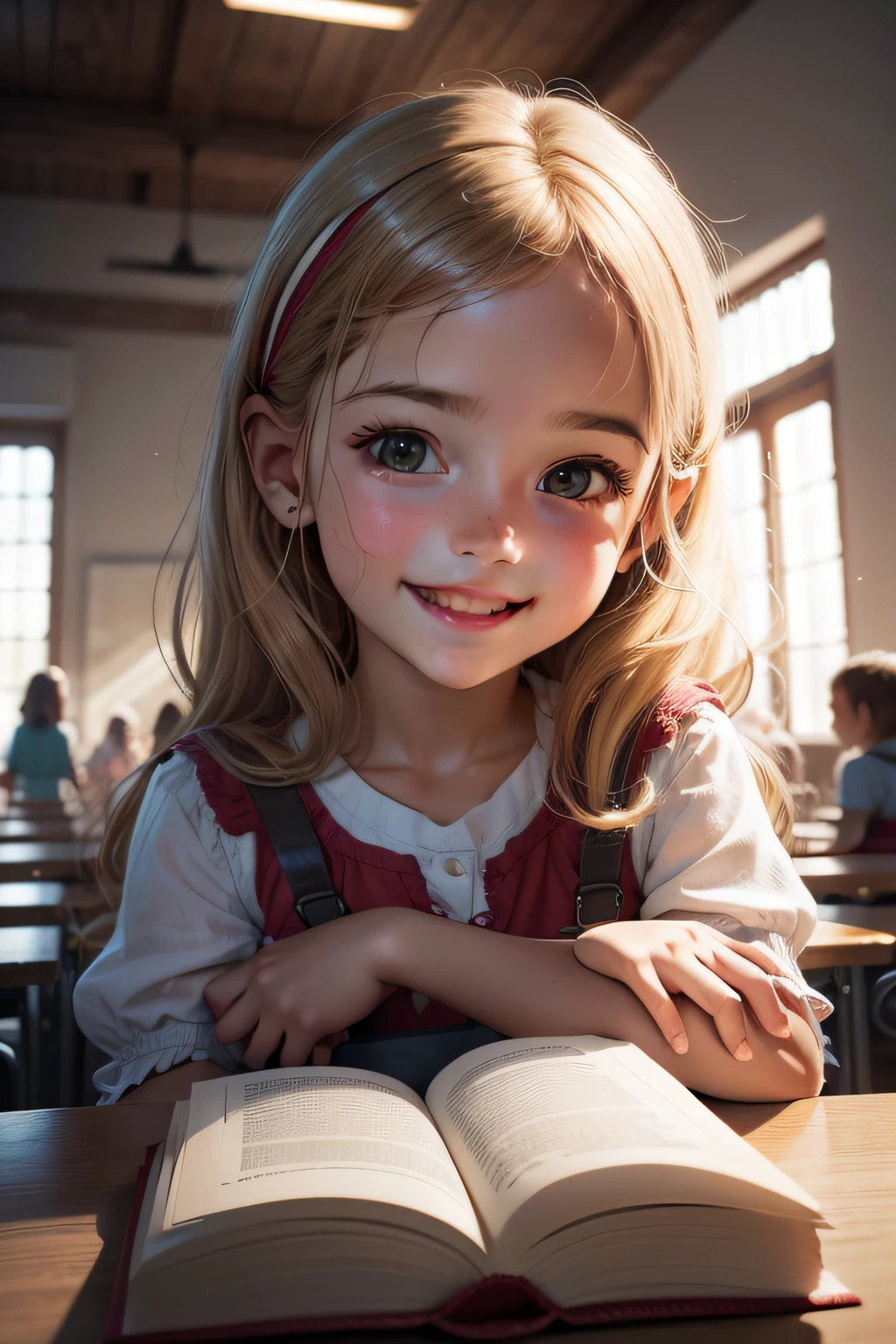 A close up of a girl sitting at a table with an open book - SeaArt AI