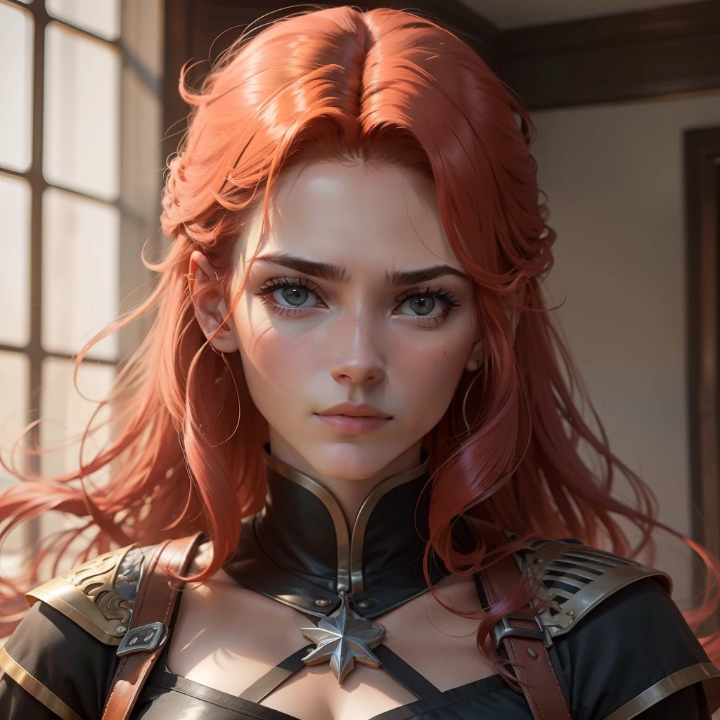 red haired pretty woman, short ponytail, two scars across eye, white eyes, smug expression, black top and red, portrait, medieval times, scar across eye, dreadlocks, drop shadow, sideways, rotated, wide shot, high detail, anatomically correct, masterpiece, highres, high quality, high details, 8k, retina