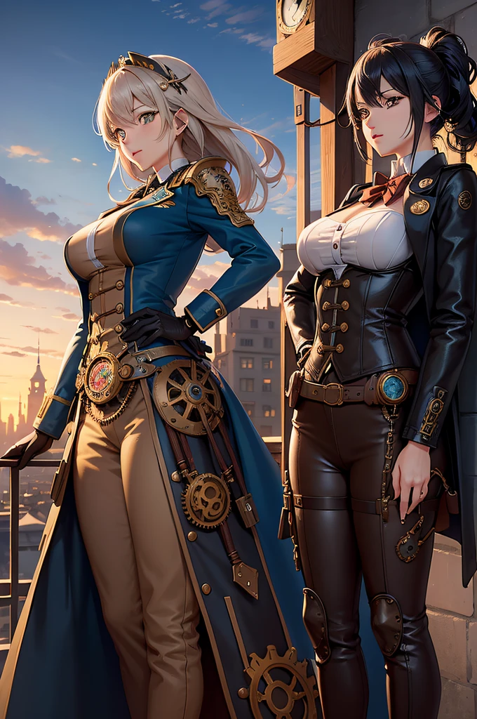 Anime style、Pretty Woman、Steampunk style costumes、Lots of gears and chronometers are decorated、Bird's eye view of a person、Depicted in detail、Smooth depiction、Detailed depiction、Intricately designed piping and gear、Large engine、Flying in the sky、Sky Blue Leather Coat、Steampunk-themed retro cityscape、Science fiction、Covered with steam、evening、eventide、