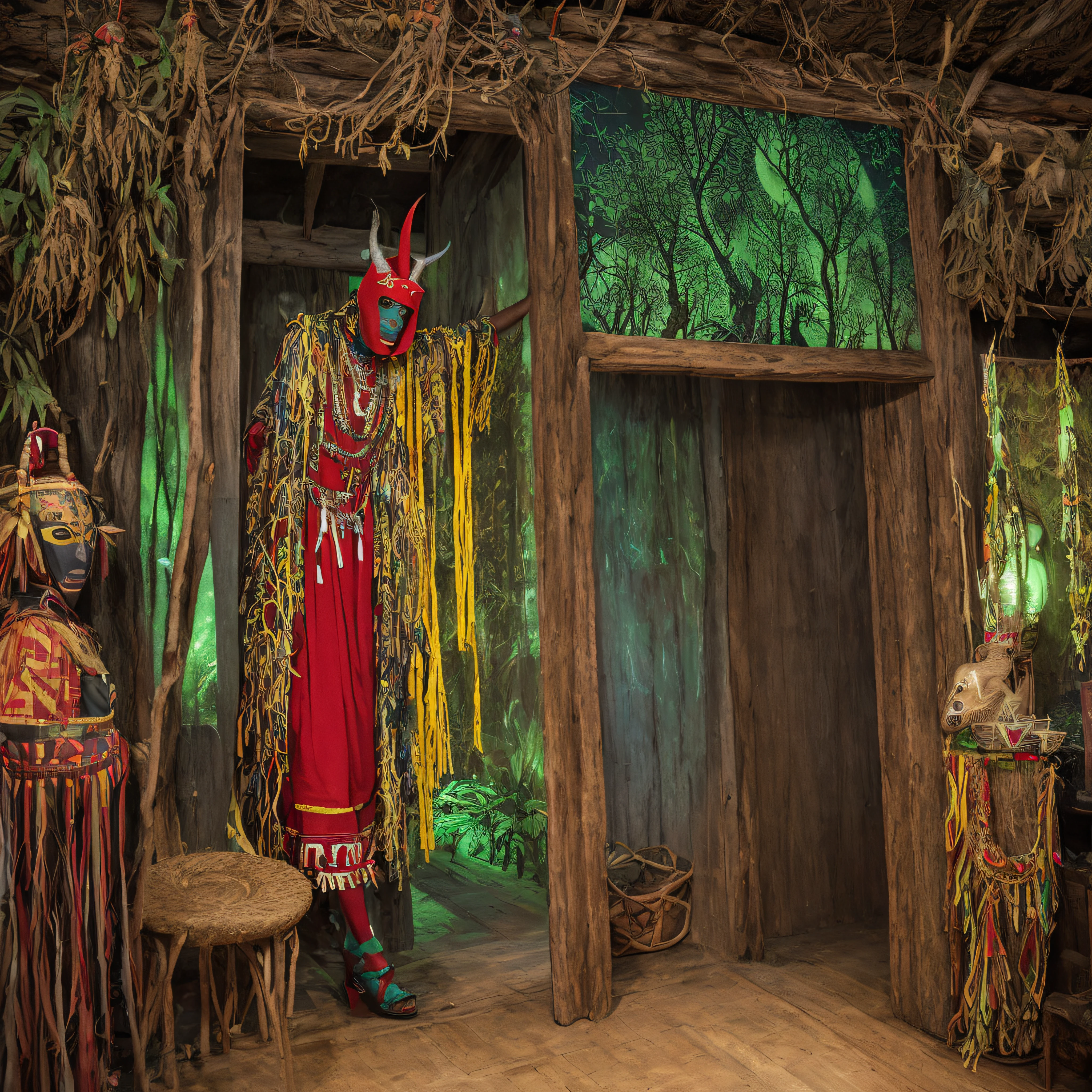 Grace Jones as the focus of the image, giant size, perfect face, devilish face, wearing a red necklace with horns, white tribal paint by the body, yellow eyes, illuminated green staff, ethnic high heels, Grace Jones inside the wooden house, African God dressed as a tribal devil, African God in the forest, masked and muscular man, masked man with wings, pink clothing, color premínio, purple, turquoise, yellow and silver, background consisting of wooden room with open door to a forest illuminated by moonlight, tribal mask, mask covering eyes and mouth, colored macara, straw mask, scary mask, MASK, colorful and full moons, starry sky, wooden house with ritualistic objects, voodoo, tree branches entering the wooden house through the door, wooden house catching cute, snakes by the environment, best quality, masterpiece, high resolution, 8k, hyper-realistic image, professional photo, realistic image, full body view, bottom-up angle