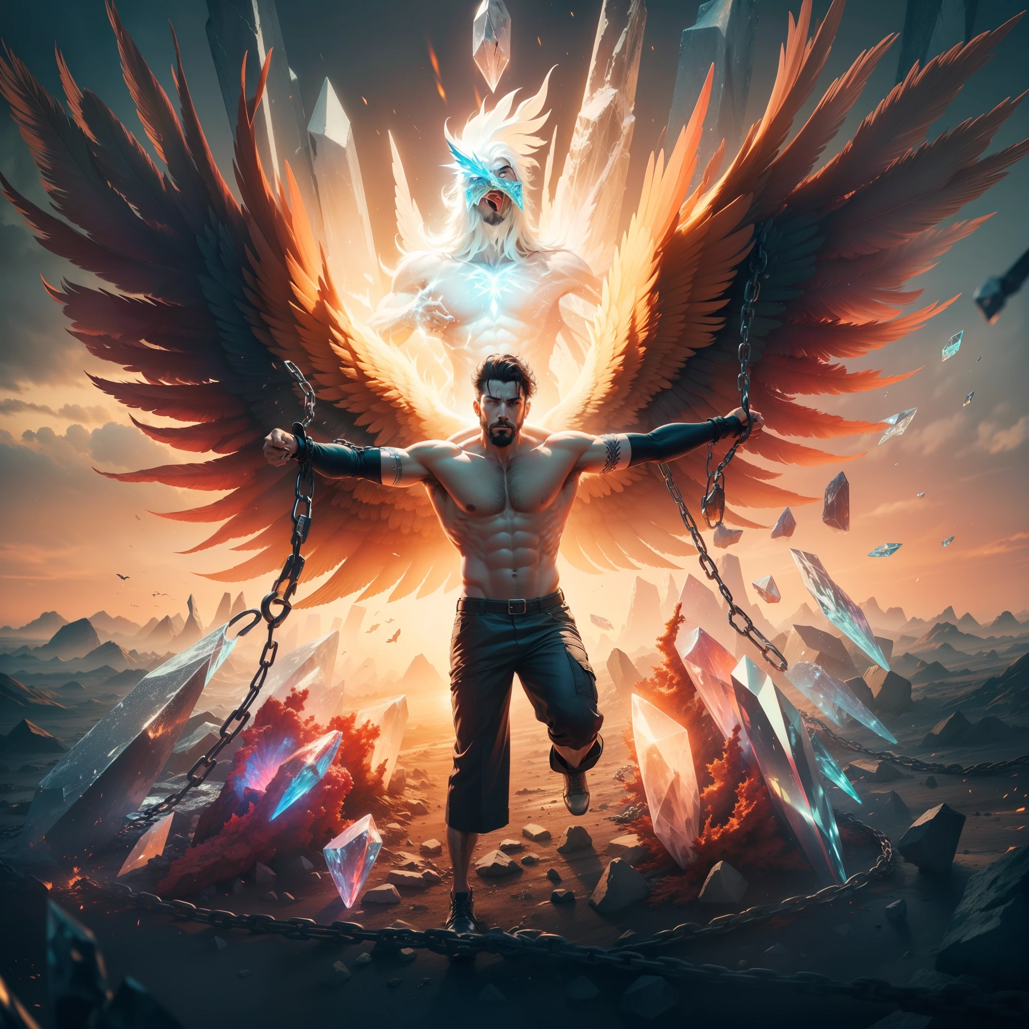 A man transforms into a phoenix bird and emerges from a large crystal And he cuts the chains