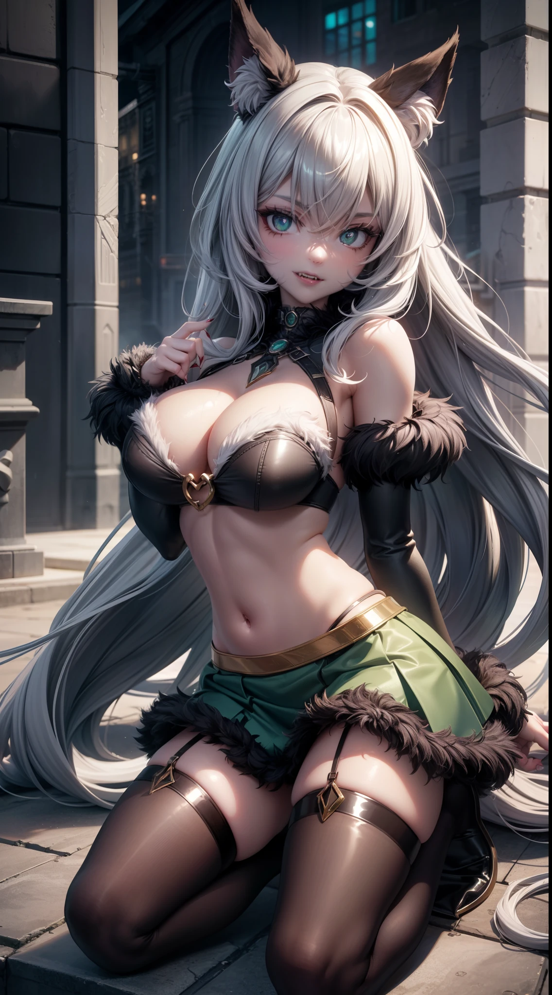 werewolf girl, ((fluffy skin)), paws on foots, fluffy fur on body, ((fangs)), ((claws)), tight crop top, cleavage, decolette, huge metal bracelets, huge metal collar, high over-the-knee boots, light green extremely_detailed_(lacy, fur, silk, satin)_(clothing, skirt), detailed face, detailed beautiful shiny eyes, slit pupils, metallic reflections, futuristic city square, (tatooed, marked)_fit_muscular_body, (((1girl))), portrait, (full body), natural breasts, medium length hair, masterpiece, best quality, beautiful and aesthetic:1.2, fractal art:1.4, 16K, HDR, RTX, Ray Tracing, Radiosity, Anisotropic Filtering, Subsurface Scattering