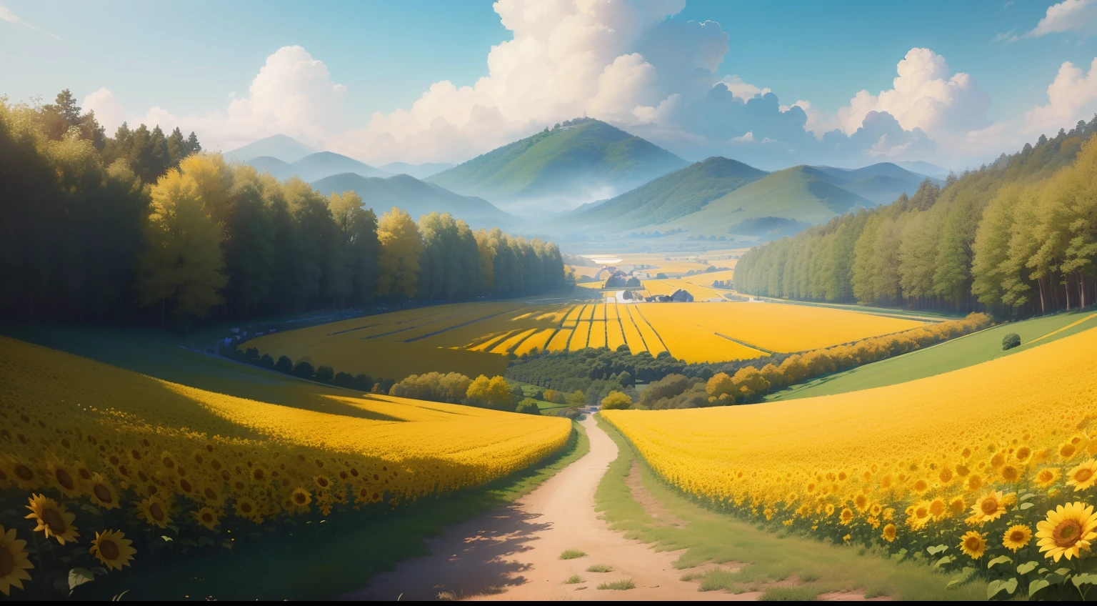 (top-quality、8k、32k、masterpiece、UHD:1.2)、(realisitic)、(masterpiece、extremely detailed CG unified 8k wallpaper、top-quality、hight resolution)、(ultra-detailliert、UHD:1.2)、Sunflower flowers、Lots of flowers、Blue sky background、clouds、grass field、Delicate yellow flowers