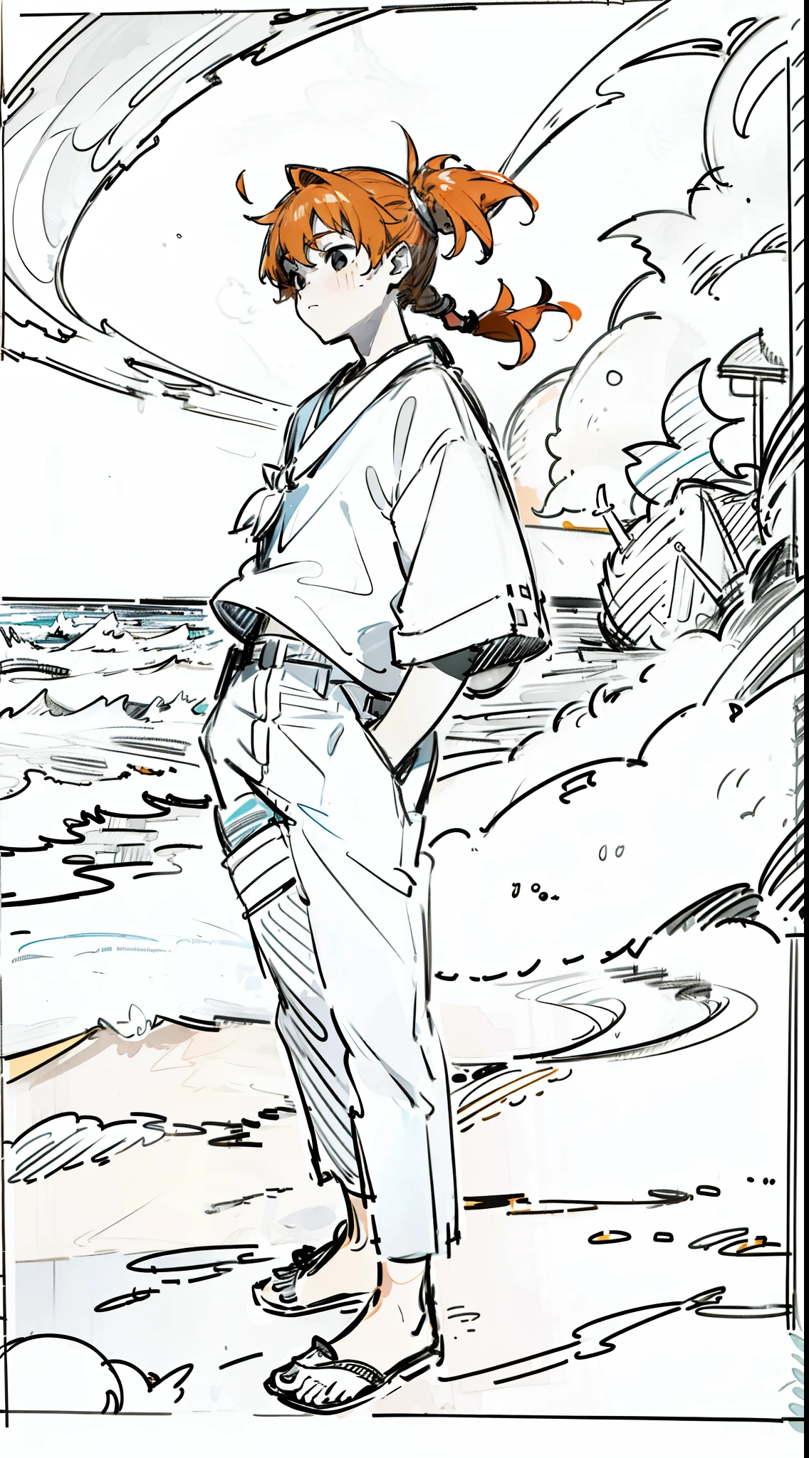 White shirt + sea breeze + (teenager: 1.2) + (male: 1.1) + (black eyes: 0.9) + orange hair + (pigtail: 1.1) + (summer: 1.2) + (seaside: 1.2), ((sketch)),