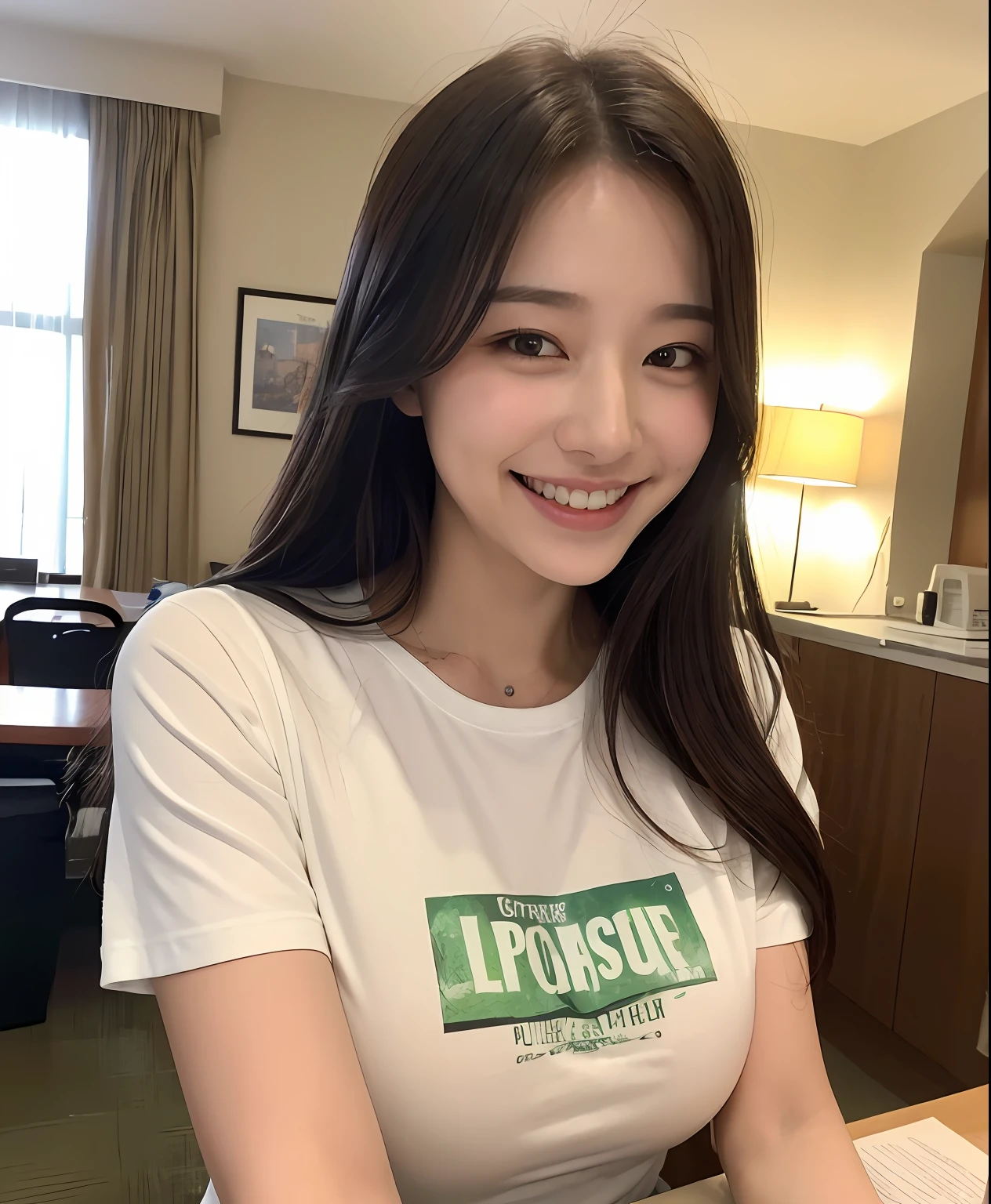 ((top-quality、in 8K、masterpiece:1.3))、1girl in、Beautiful woman with plump abs emphasized:1.3、(The long-haired、Colossal tits:1.2)、Reading at the hotel、Super delicate face、wholesome、二重まぶた、A smile that showed teeth、Random Color T-Shirt、Looking at the camera、Big smile、Look here、Look at me with your eyes wide open、Cozy feeling、tshirts