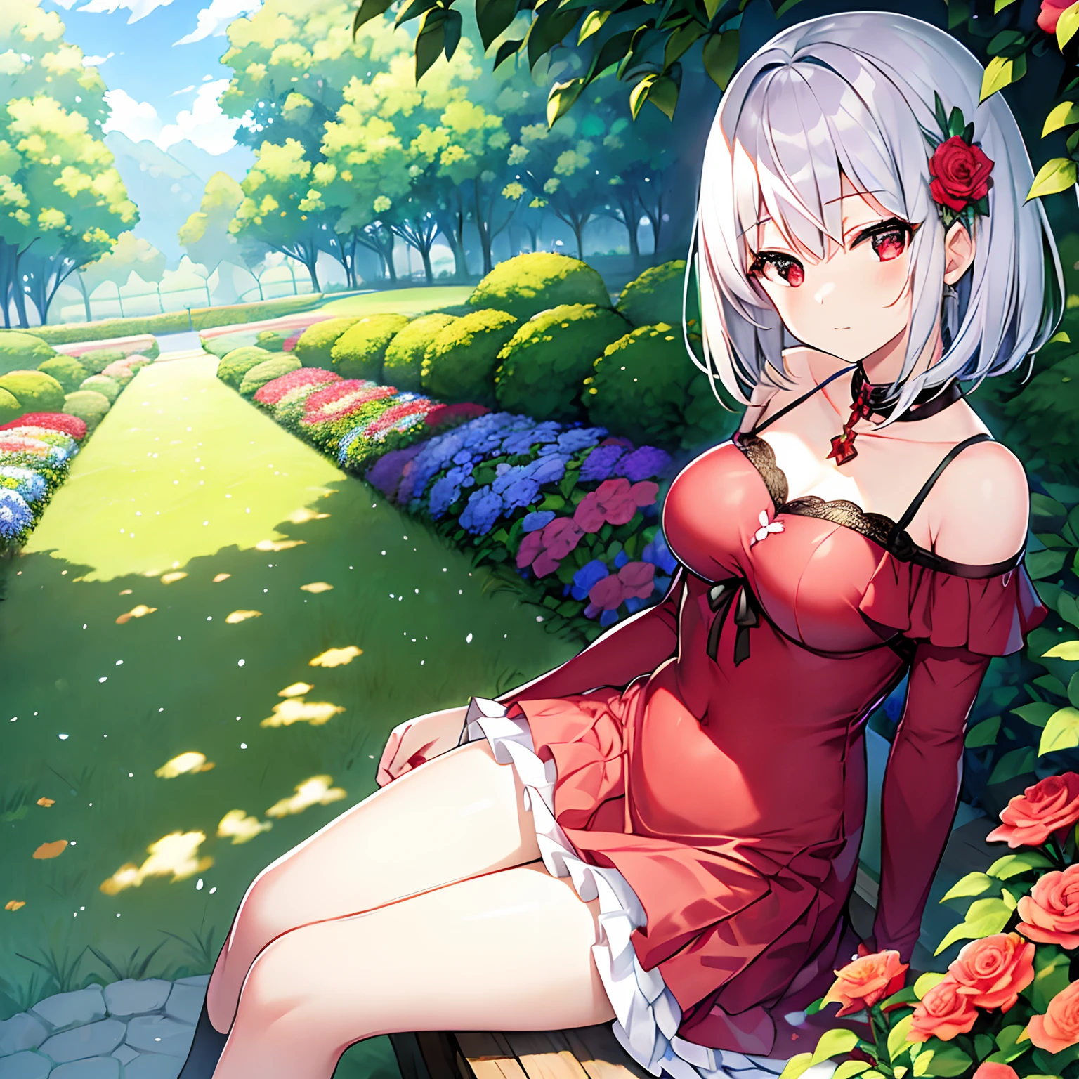 short silver hair、red eyes、Beautiful girl alone、独奏、animesque、Have a bouquet、doress、a miniskirt、sitting on、flower field、Cool-headed expression