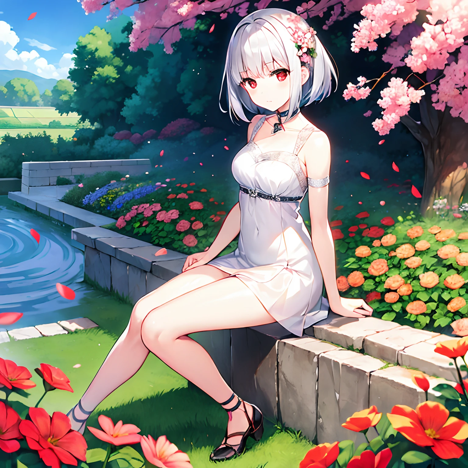 short silver hair、red eyes、Beautiful girl alone、独奏、animesque、Have a bouquet、doress、a miniskirt、sitting on、flower field、Cool-headed expression