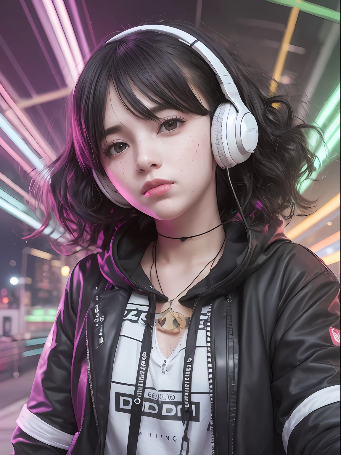 Pale white skin with several freckles and dimples, olhos pretos, voluminous medium curly wavy hair, moletom largo design legal, Earphone Around Neck Girl Gamer DJ, Neon flashes and neon sparks out there, de 18 anos, black and black hair charcoal hair