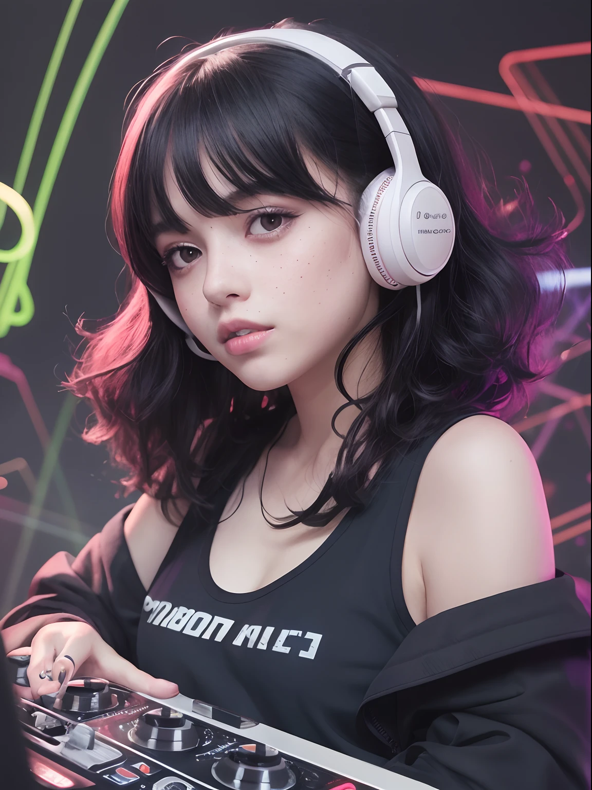 Pale white skin with several freckles and dimples, olhos pretos, voluminous medium curly wavy hair, moletom largo design legal, Earphone Around Neck Girl Gamer DJ, Neon flashes and neon sparks out there, menina de 18 anos, black hair and black charcoal hair