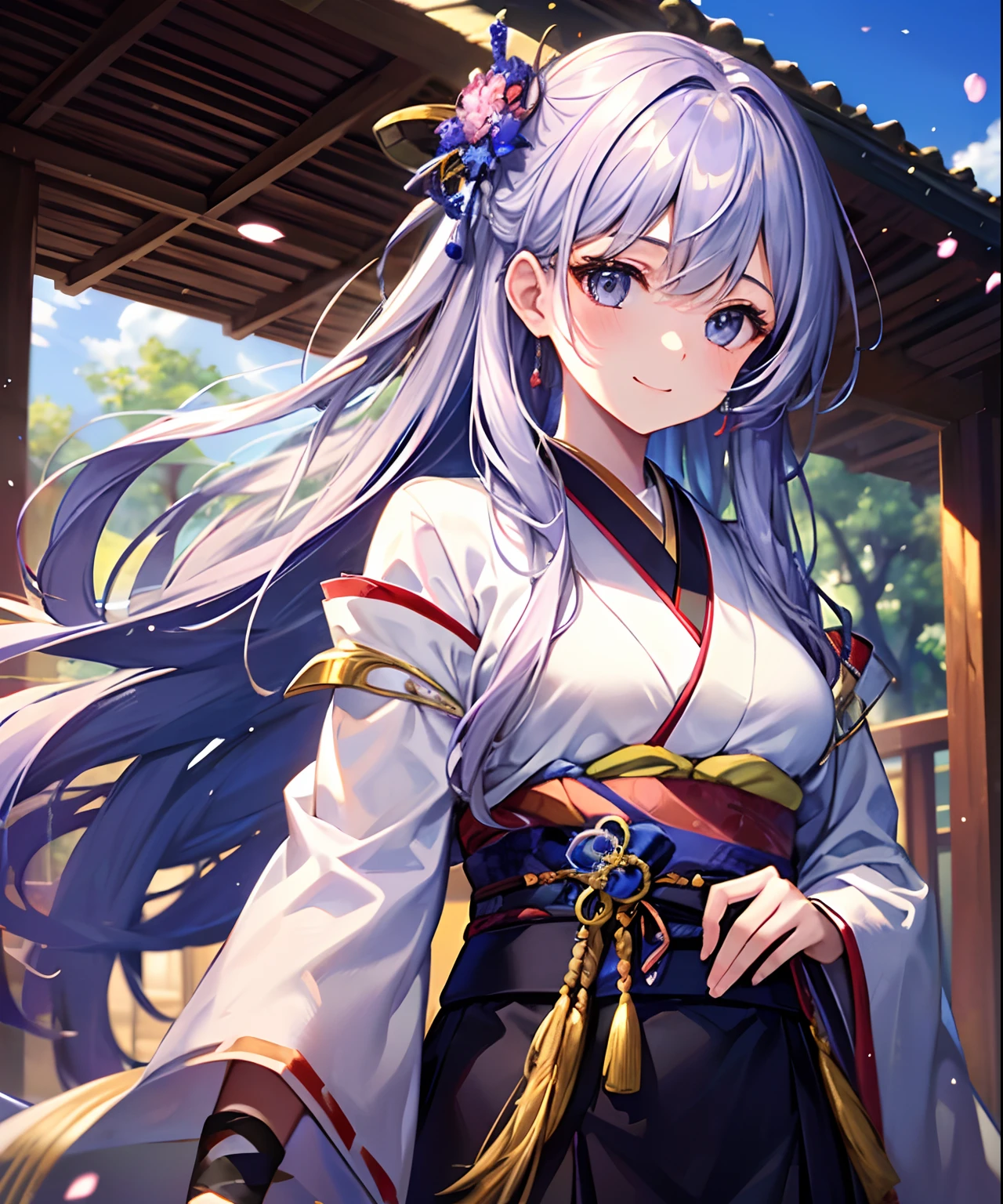 (((​masterpiece)))、(((top-quality)))、((ultra-detailliert))、1girl in、A smile、The long-haired、Light purple hair、strong breeze、In nature、Holding a sword in his hand、Kimono、（１Japan sword of the book）、Straight Metal、