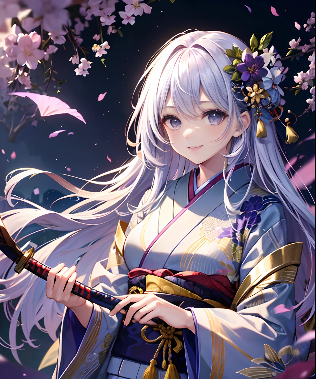 (((masterpiece)))、(((top-quality)))、((ultra-detailliert))、1girl in、A smile、The long-haired、Light purple hair、strong breeze、In nature、Holding a sword in his hand、Kimono、(1Japan sword of the book)、Straight Metal、