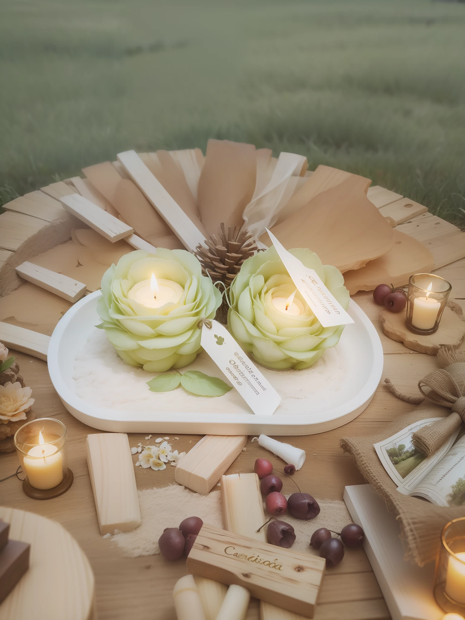 Flavored candle with animation, rustic garden, Realistic photo, luz focando as velas, disco Rigido, 8k. Vela animada realista. Grama verde, folhas voando, magic candle light, Magical aromas