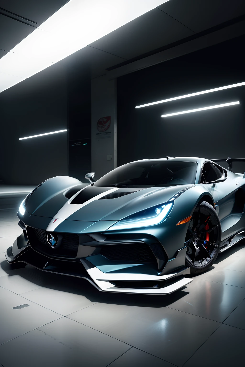 Descreva um carro tunado ultrarealista que incorpora aspectos futuristas, as "gull's wing" style doors, rodas sem eixo aparente, holographic painting and a modern navigation and entertainment system. Explain how these cutting-edge features make the car unique and attractive.