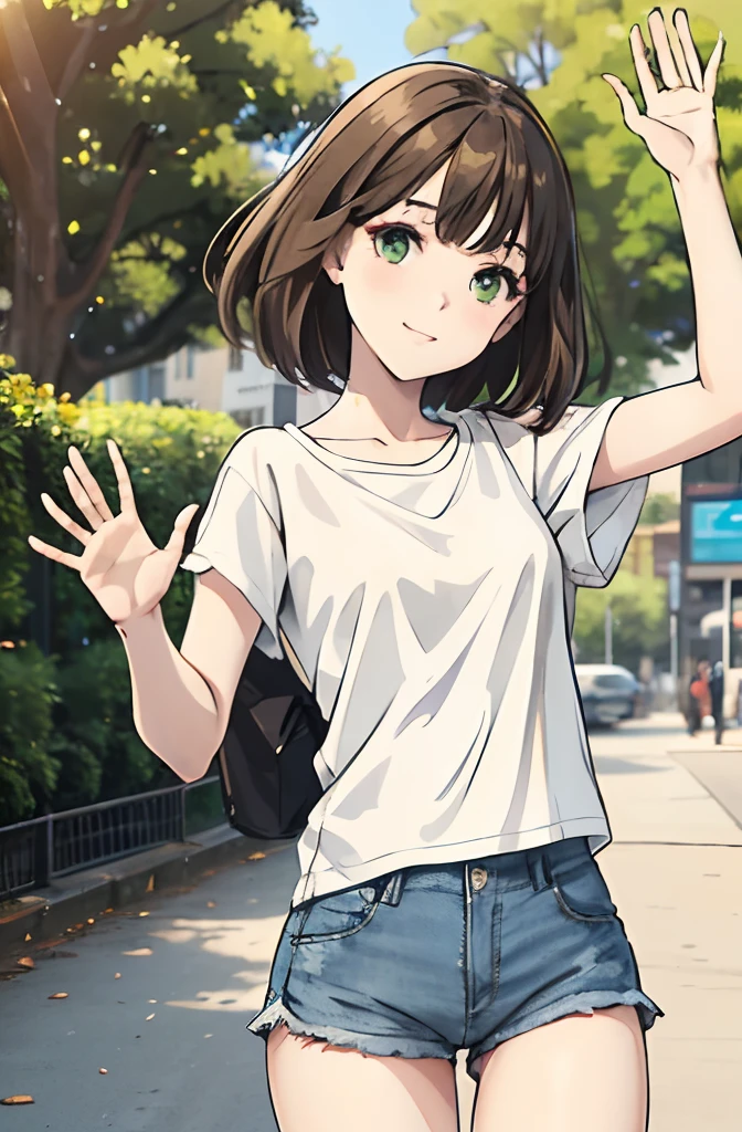 1 girl, brown hair, green eyes, wearing plain white T-shirt, park background, sunny, denim shorts, looking at viewer, waving