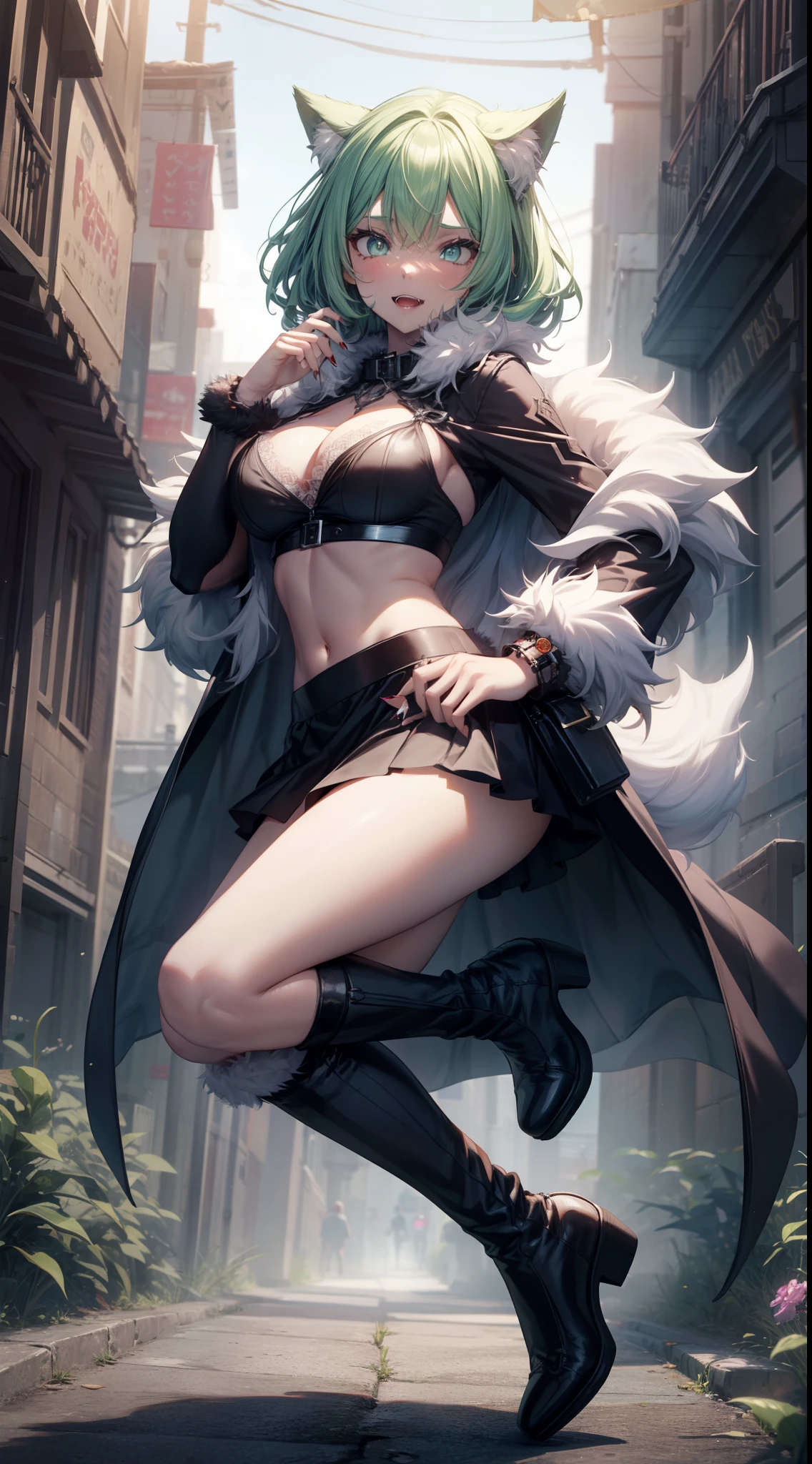 werewolf girl, ((fluffy skin)), paws on foots, fluffy fur on body, ((fangs)), ((claws)), tight crop top, cleavage, decolette, huge metal bracelets, huge metal collar, high over-the-knee boots, light green extremely_detailed_(lacy, fur, silk, satin)_(clothing, skirt), detailed face, detailed beautiful shiny eyes, slit pupils, metallic reflections, futuristic city square, (tatooed, marked)_fit_muscular_body, (((1girl))), portrait, (full body), natural breasts, medium length hair, masterpiece, best quality, beautiful and aesthetic:1.2, fractal art:1.4, 16K, HDR, RTX, Ray Tracing, Radiosity, Anisotropic Filtering, Subsurface Scattering
