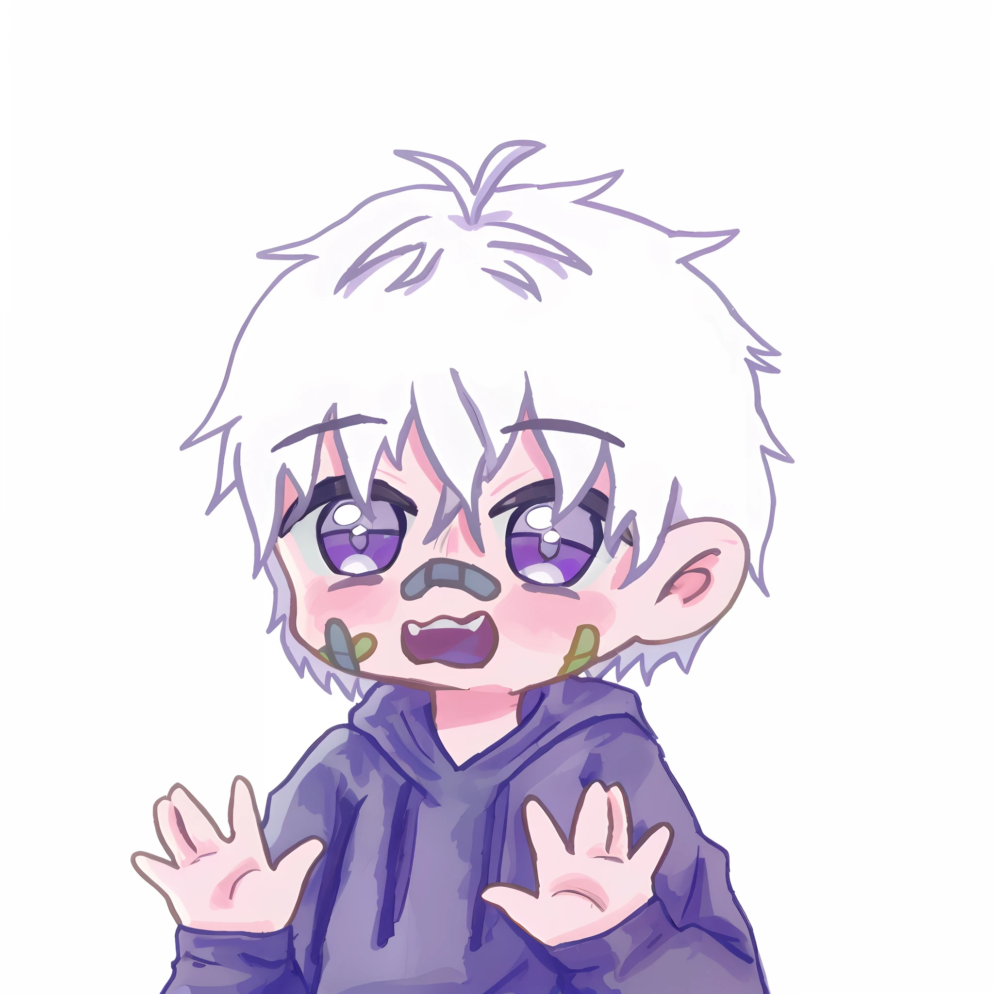 A cartoon boy with white hair wears a purple hoodie, Killua Zoldyck, Killua Zoldyck cabello negro, Estilo anime 2D, Ken Kaneki, Un loco de pelo plateado, tired haunted expression, Kaneki Ken, macabre spirit, Retrato de Killua Zoldyck, Nagito Komaeda, Chico demonio, tired and haunted expression