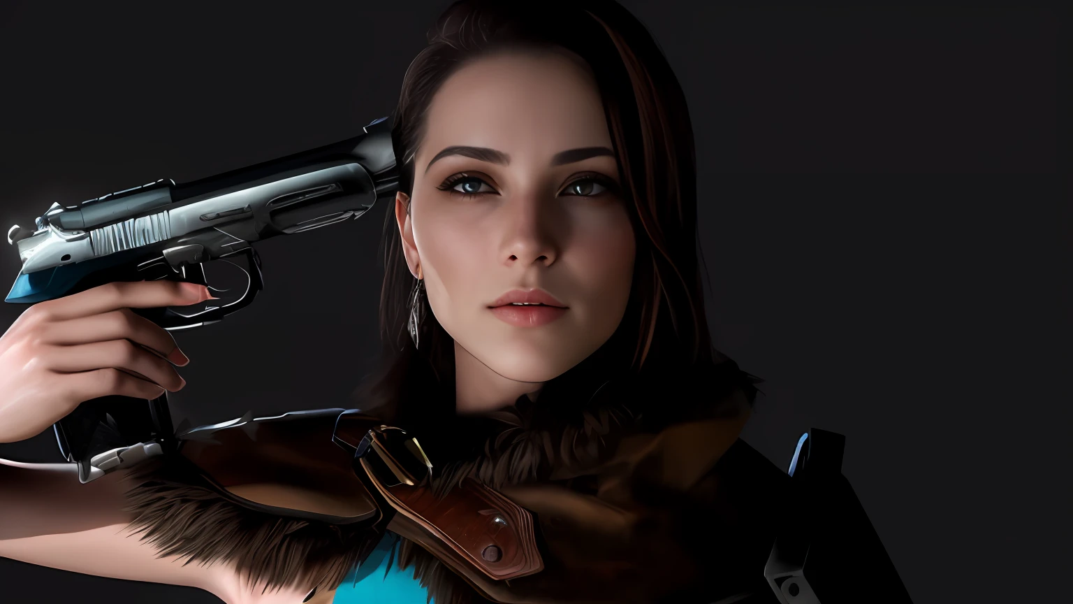 Hay una mujer con una estola de piel y una blusa azul, Renderizado retrato 8K, Arte de personajes de Unreal Engine, Irreal 5. RPG de retrato, personaje femenino, cinematic bust portrait, cinematic realistic portrait, Personaje principal femenino, Primer plano del personaje, Film bust, Personaje de primer plano, highly detailed character, realistic face moody lighting, small character. Motor Unreal 5