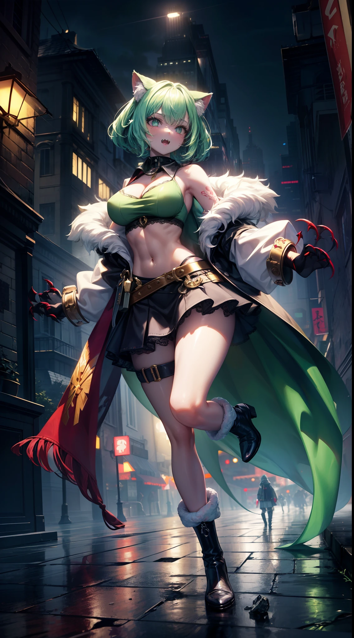 werewolf girl, ((fluffy skin)), paws on foots, fluffy fur on body, ((fangs)), ((claws)), tight crop top, cleavage, decolette, huge metal bracelets, huge metal collar, high over-the-knee boots, light green extremely_detailed_(lacy, fur, silk, satin)_(clothing, skirt), (light green cloth), detailed face, detailed beautiful shiny eyes, slit pupils, metallic reflections, futuristic city square, (tatooed, marked)_fit_muscular_body, (((1girl))), portrait, (full body), natural breasts, medium length hair, masterpiece, best quality, beautiful and aesthetic:1.2, fractal art:1.4, 16K, HDR, RTX, Ray Tracing, Radiosity, Anisotropic Filtering, Subsurface Scattering