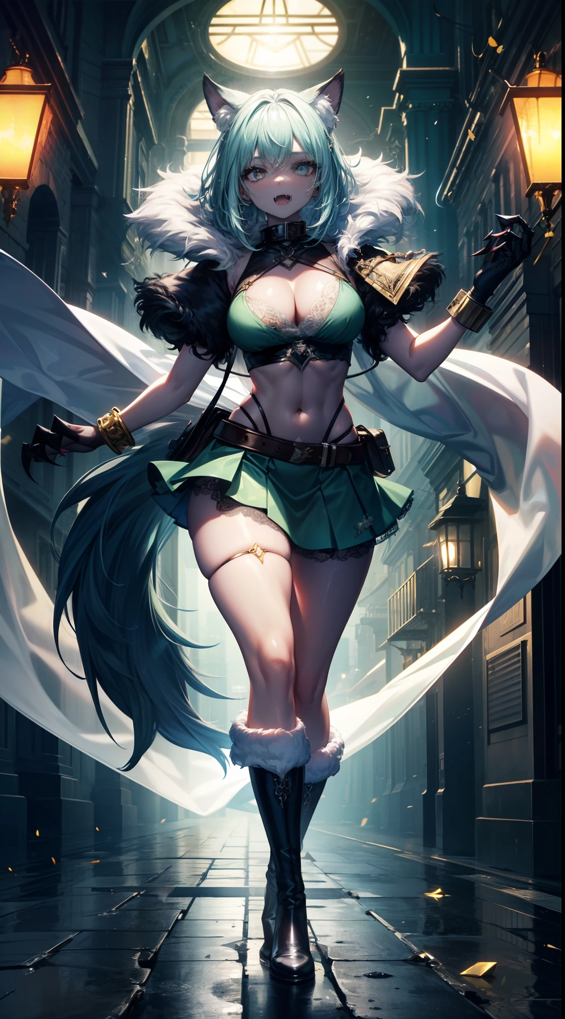 werewolf girl, ((fluffy skin)), paws on foots, fluffy fur on body, ((fangs)), ((claws)), tight crop top, cleavage, decolette, huge metal bracelets, huge metal collar, high over-the-knee boots, light green extremely_detailed_(lacy, fur, silk, satin)_(clothing, skirt), (light green cloth), detailed face, detailed beautiful shiny eyes, slit pupils, metallic reflections, futuristic city square, (tatooed, marked)_fit_muscular_body, (((1girl))), portrait, (full body), natural breasts, medium length hair, masterpiece, best quality, beautiful and aesthetic:1.2, fractal art:1.4, 16K, HDR, RTX, Ray Tracing, Radiosity, Anisotropic Filtering, Subsurface Scattering