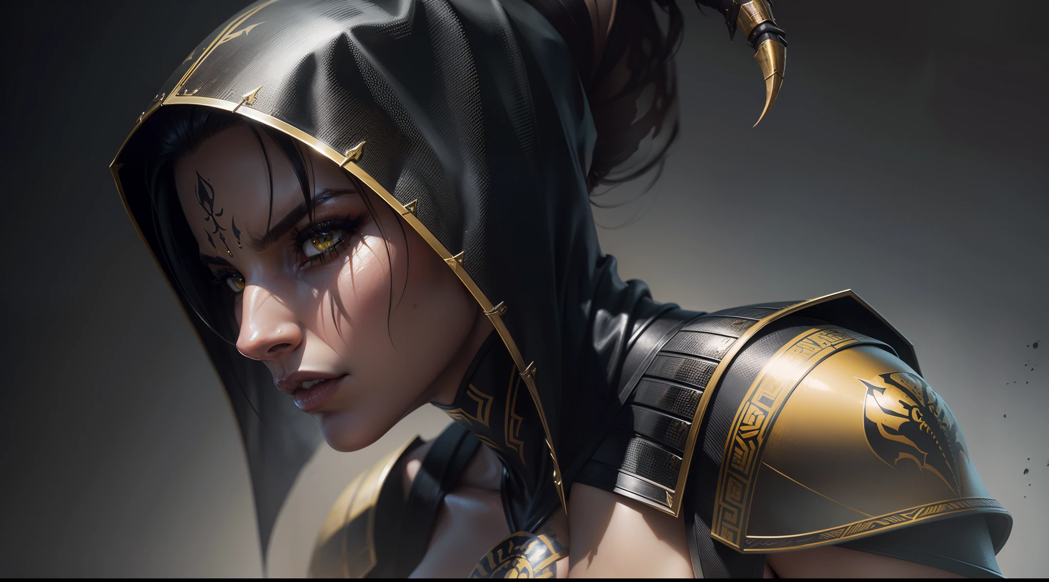um retrato,Mulher, scorpion from mortal kombat, olhos brancos detalhados, armadura bladk e amarela, veins in your arm, intrincado, alto detalhe, foco nítido, Dramatic and Photorealistic Painting Art by Greg Rutkowski