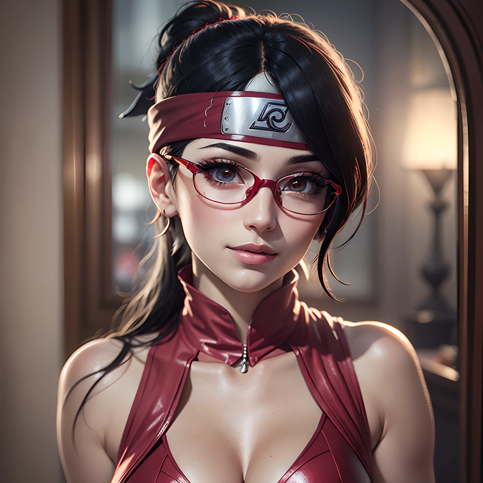 uchiha sarada, naruto shippuden, glasses, sleeveless red kimono, bandana on forehead, masterpiece, solo, full body (best quality, perfect detailed, beautifully detailed face, detailed eyes), bright shiny, ray tracing, DOF, HDR, gradient eyes, sharp eyelashes, ((eyelashes)), mascara, detail_face, eyelashes, shiny hair, flirting, sexy smile, lips parted, best quality, (highly detailed background: 1.2),  extremely beautiful, immensely beautiful, extraorinally beautiful, realistic, masterpiece, best quality, top quality, gothic lighting, dark look, perfect body, extremely sexy, immensely seductive, macabre scenery, blood, gigane moon