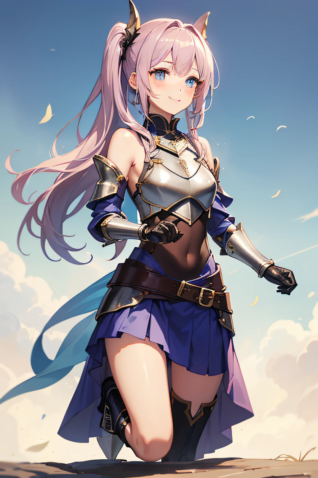 top-quality、depth of fields、Dainty Woman、２２age、small tits、[with blush cheeks]、Beautiful glowing skin、Blue eyes、silber hair、ponitail、Blue Pony Hook、Bare shoulders、Navel Ejection、(Mauve costume、Light armor、Leather breastplate、Small hands、pleatedskirt、Armor around the waist、Boots up to the knee:1.3)、a smile、Wind Presentation