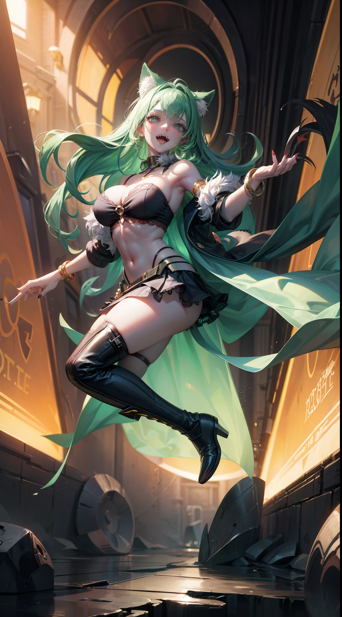werewolf girl, ((fluffy skin)), paws on foots, fluffy fur on body, ((fangs)), ((claws)), tight crop top, cleavage, decolette, huge metal bracelets, huge metal collar, high over-the-knee boots, light green extremely_detailed_(lacy, fur, silk, satin)_(clothing, skirt), (light green clothing), detailed face, detailed beautiful shiny eyes, slit pupils, metallic reflections, futuristic city square, (tatooed, marked)_fit_muscular_body, (((1girl))), portrait, (full body), natural breasts, medium length hair, masterpiece, best quality, beautiful and aesthetic:1.2, fractal art:1.4, 16K, HDR, RTX, Ray Tracing, Radiosity, Anisotropic Filtering, Subsurface Scattering