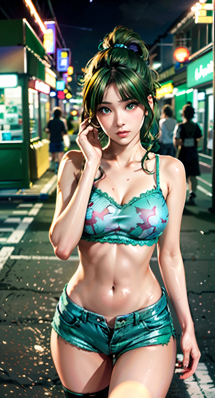 Girl YouTuber,(((1girl in))),((Very cute beautiful green curly ponytail girl walking down the street)),
(short chest:1.4),(((Green curly hair:1.35,Very curly hair,Colored inner hair,Ear breathing,Short hair))),((Green eyes:1.3,upward-eyed:1.3,Perfect eyes,Beautiful detailed eyes,Rainbow shines ultra-detailed yellow-green eyes:1.1,Gradient Eyes:1,finely detailed beautiful eye:1,Symmetrical eyes:1,big highlight on eyes:1.2)),((Fat)),(((Lustrous skin:1.5,bright skin: 1.5,skin tanned,Shiny skin,Very shiny skin,Shiny body,plastic glitter skin,exaggerated shiny skin))),delicate detailed fingers,Detailed body,detailed arms,Human Hands,(Detailed face)),
Cute,sluttish,Seductive,Erotic,(((NSFW))),
zettai ryouiki,Revealing clothing,Show skin,((Ultra Miniskirt,beautiful thigh、beautiful boob、Beautiful navel、Beautiful collarbone、Beautiful armpits、Beautiful shorts、Visible lace strap,White loose tank top with anime girl print)),(detailed costume,detailed clothes),
(Dynamic Pose:1.0),Solo Focus,embarrassed,Centered,scale to fit the dimensions,thirds rule,
Outdoors,((Night view)),(Neon synth waves in a very beautiful city,Cyberpunk Night Street Background:1.5,dark sky,Thick clouds),Vehicles of the future,((Neon light)),Thick clouds,(Cyberpunk style,Neon light, (Synthwave theme background), Lonely street),(((Detailed background:1.25))),
(Best Quality),(High resolution),(Sharp Focus),(ultra-detailliert),(Extremely detailed),(Very high quality artwork),8K_Wallpaper,(8K HDTV CG),(Very fine 8K CG),((hyper super ultra detailed perfect piece)),flawless,(((masutepiece))),Illustration,Vibrant colors,(Convoluted),High contrast,Selective lighting,double exposure,nffsw (High dynamic range),Post-processing,Background blur,