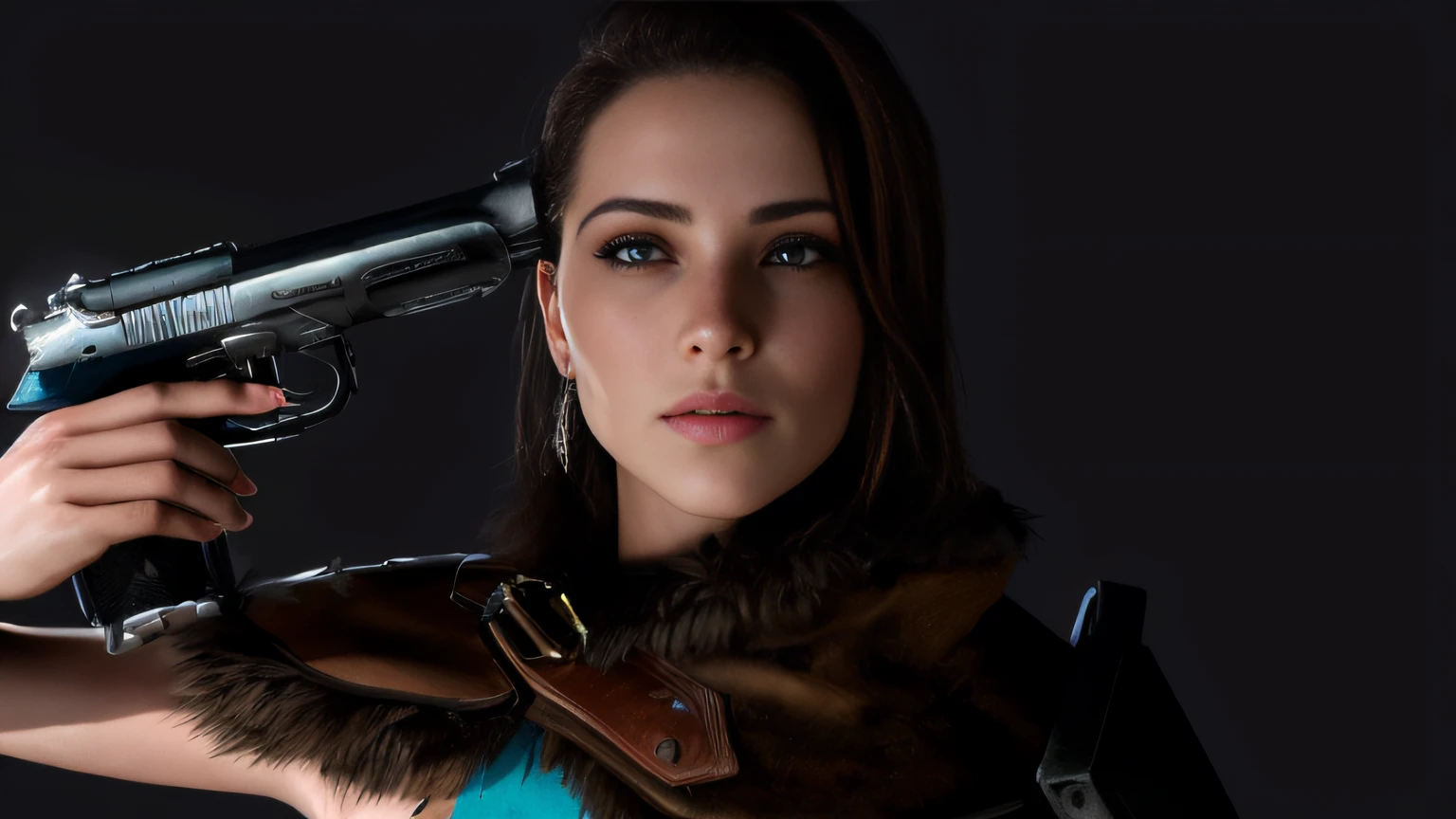 Hay una mujer con una estola de piel y una blusa azul, Renderizado retrato 8K, Arte de personajes de Unreal Engine, Irreal 5. RPG de retrato, personaje femenino, cinematic bust portrait, cinematic realistic portrait, Personaje principal femenino, Primer plano del personaje, Film bust, Personaje de primer plano, highly detailed character, realistic face moody lighting, small character. Motor Unreal 5