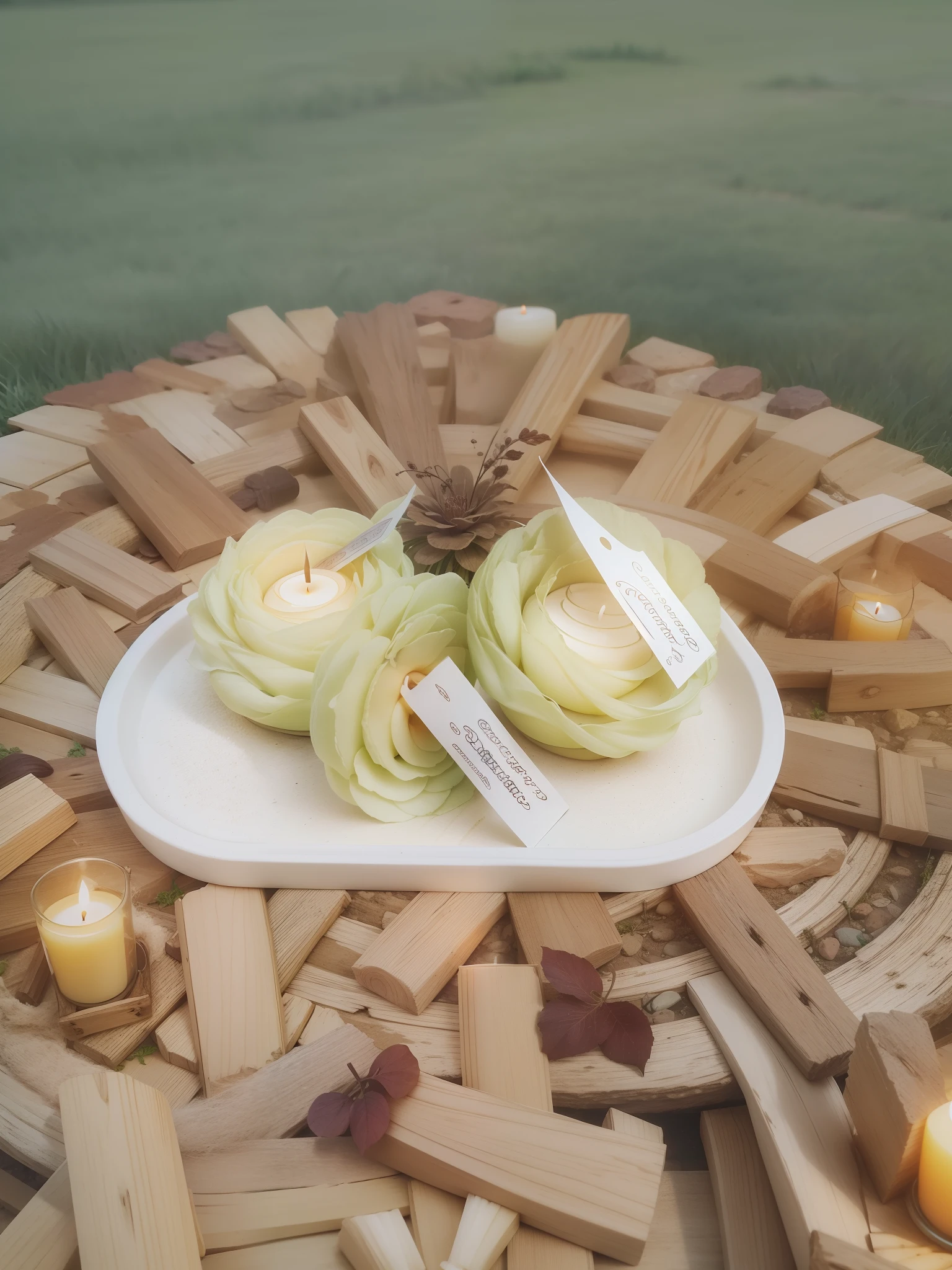 Flavored candle with animation, rustic garden, Realistic photo, luz focando as velas, HD, 8K. Realistic animated candle.