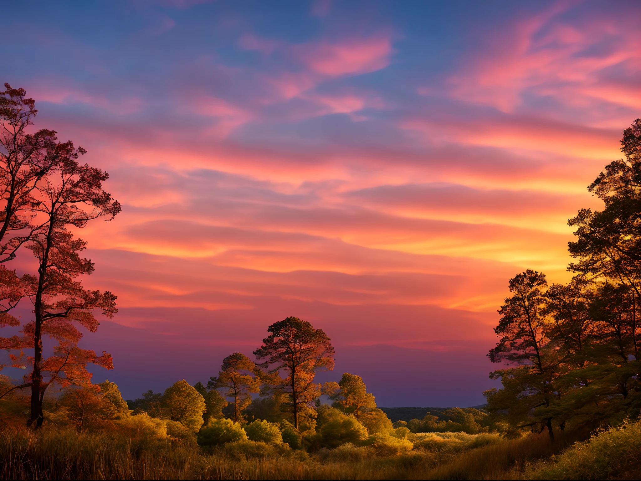 masterpiece_portrait,best quality,photorealistic,ultra high res,detailed lighting,realistic,intricate_details, finely_detailed,8K Ultra High Definition,wide shot,Twilight Majesty: A forest at dusk with a vibrant sky painted in hues of orange, pink, and pur...