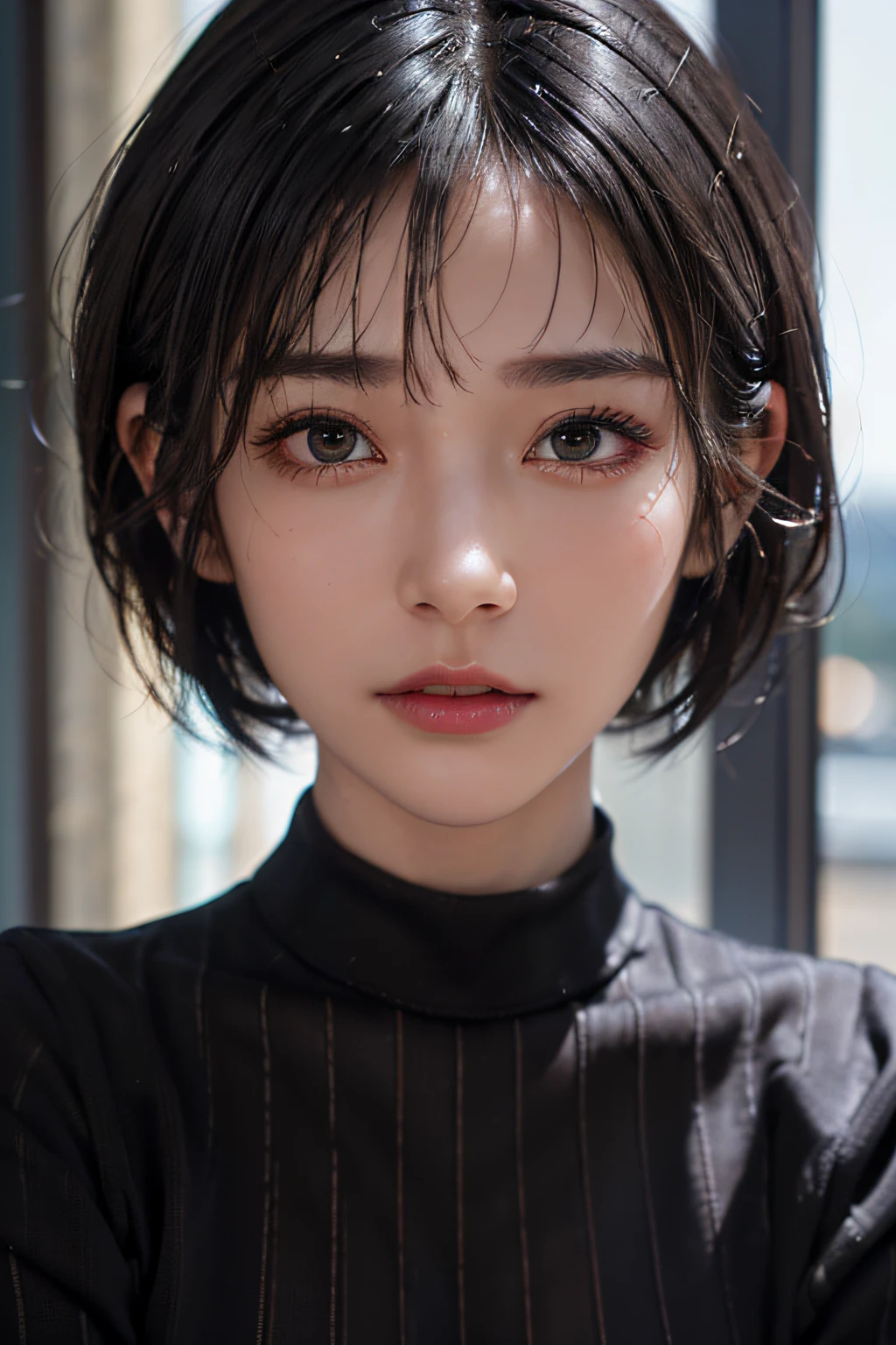 (masterpiece:1.3), (8k, photorealistic, RAW photo, best quality: 1.4), (1girl), beautiful face, (realistic face), (black hair, short hair:1.3), beautiful hairstyle, realistic eyes, beautiful detailed eyes, (realistic skin), beautiful skin, (sweater), absurdres, attractive, ultra high res, ultra realistic, highly detailed, golden ratio