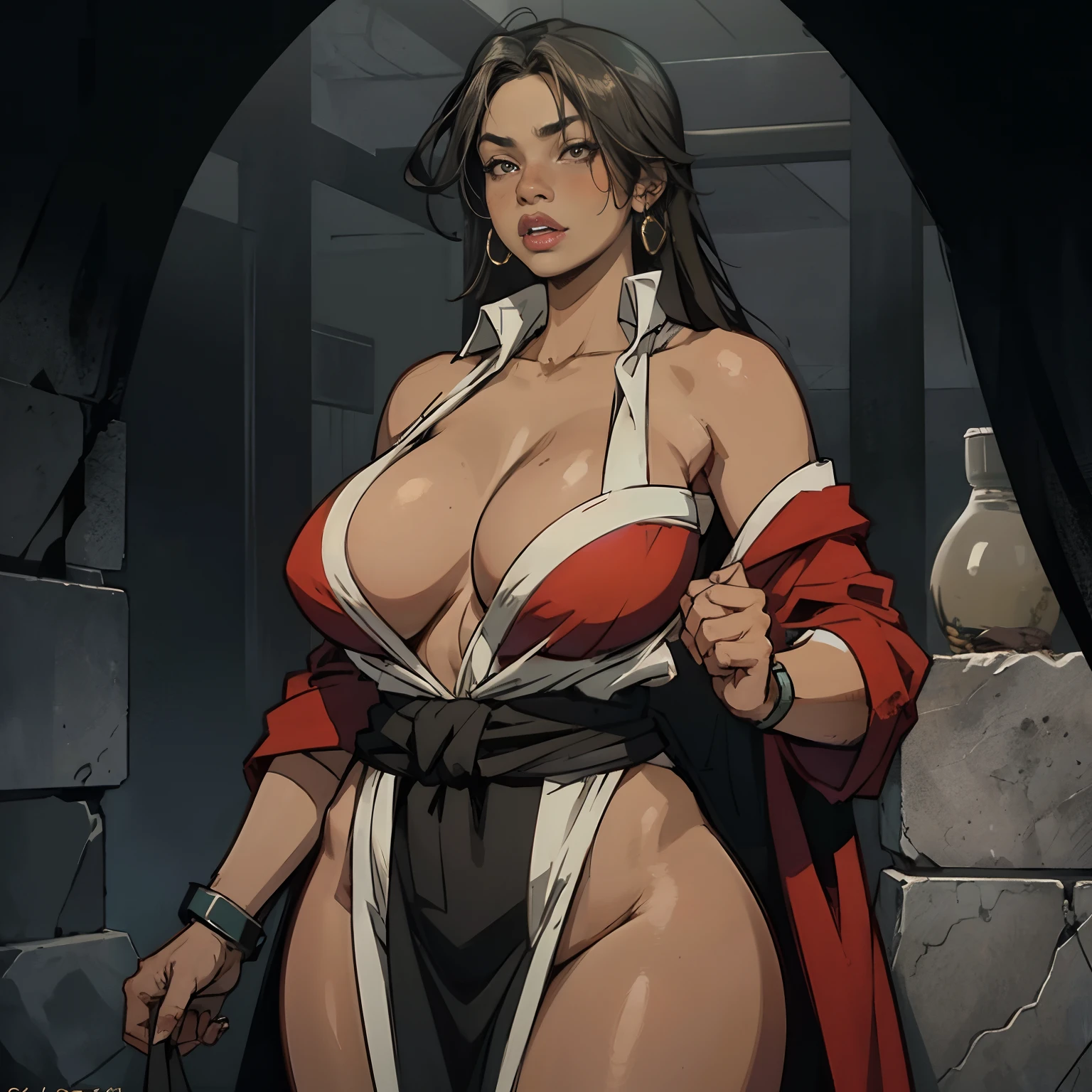 masterpiece, best quality, high detail, UHD, textured skin, cinematic, 1girl, mortal kombat ninja, brown skin, chubby, thick body, large waist, (hanging breasts: 1.6), impressive lighting