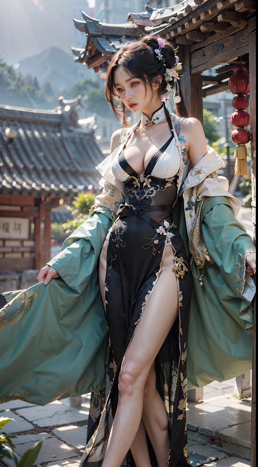 Ancient Chinese architecture,National style beautiful girl,Wear revealing Hanfu,Simple clothing, Minimalist style,Mixed Chinese and American races,The background is blurred out,focal,电影灯光,(((tmasterpiece))), ((best qualtiy)), ((Complex and detailed)), ((ultra-realistic realism)), Ridiculous resolution, A MILF, Mature woman, ssee-through, highly detailed, illustratio, 1girll, (mediuml breasts), Thin waist and thick hips,long leges,beatiful detailed eyes, short detailed hair, brunette color hair, a purple eye, blackstockings,lacy clothing,Skirt that wraps hips,tightsuit,with faintly visible,Cool clothing,The body proportions are perfect,(No underwear:1.2),detailed back ground, perfect eyes, Seductive eye, (nice hand),Detail hands,looking at viewert,From the front,Wear light,juicy legs,deep v big breasts,