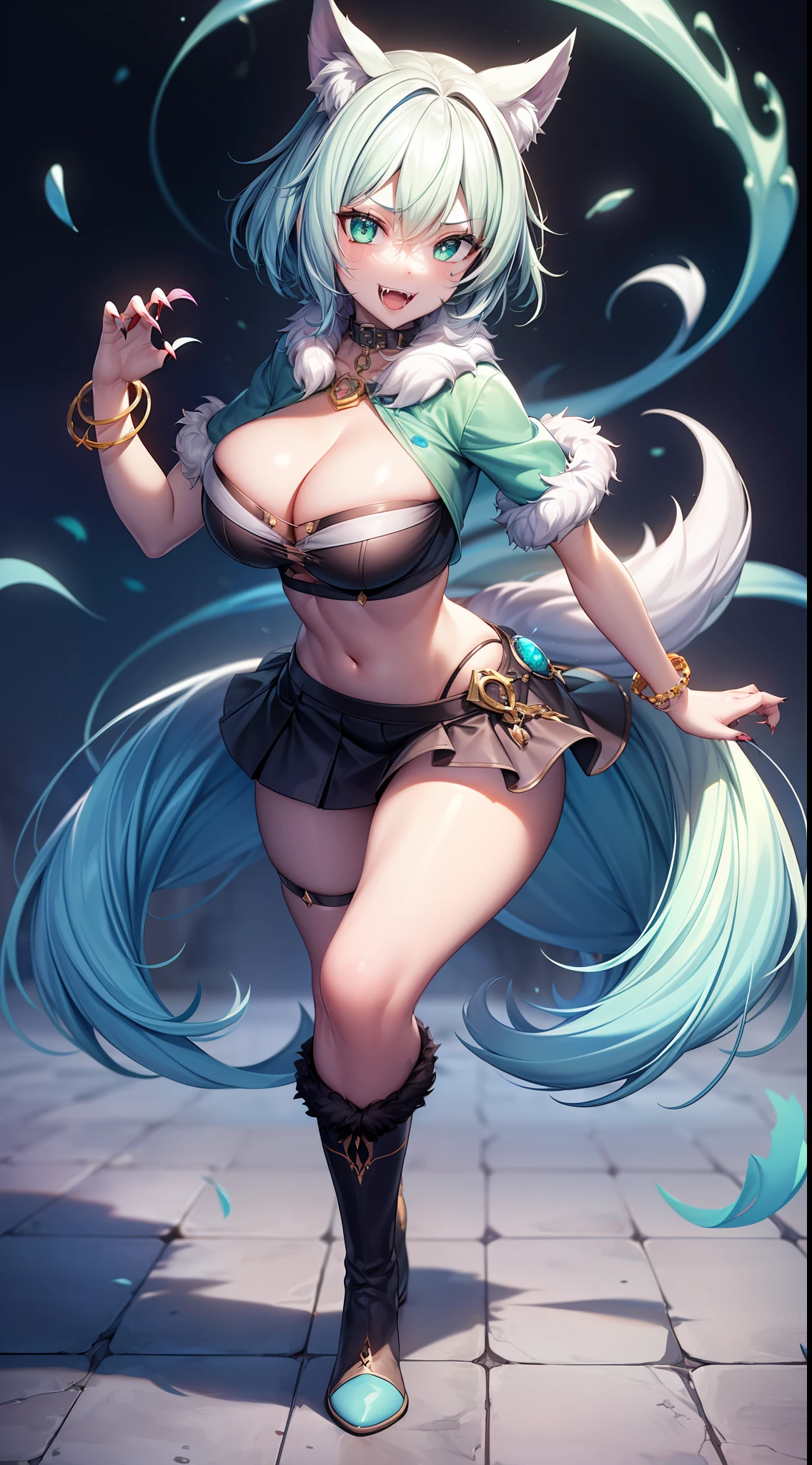 werewolf girl, ((fluffy skin)), paws on foots, fluffy fur on body, ((fangs)), ((claws)), tight crop top, cleavage, decolette, huge metal bracelets, huge metal collar, high over-the-knee boots, light green extremely_detailed_(lacy, fur, silk, satin)_(clothing, skirt), (light green clothing), detailed face, detailed beautiful shiny eyes, slit pupils, metallic reflections, futuristic city square, (tatooed, marked)_fit_muscular_body, (((1girl))), portrait, (full body), natural breasts, medium length hair, masterpiece, best quality, beautiful and aesthetic:1.2, fractal art:1.4, 16K, HDR, RTX, Ray Tracing, Radiosity, Anisotropic Filtering, Subsurface Scattering