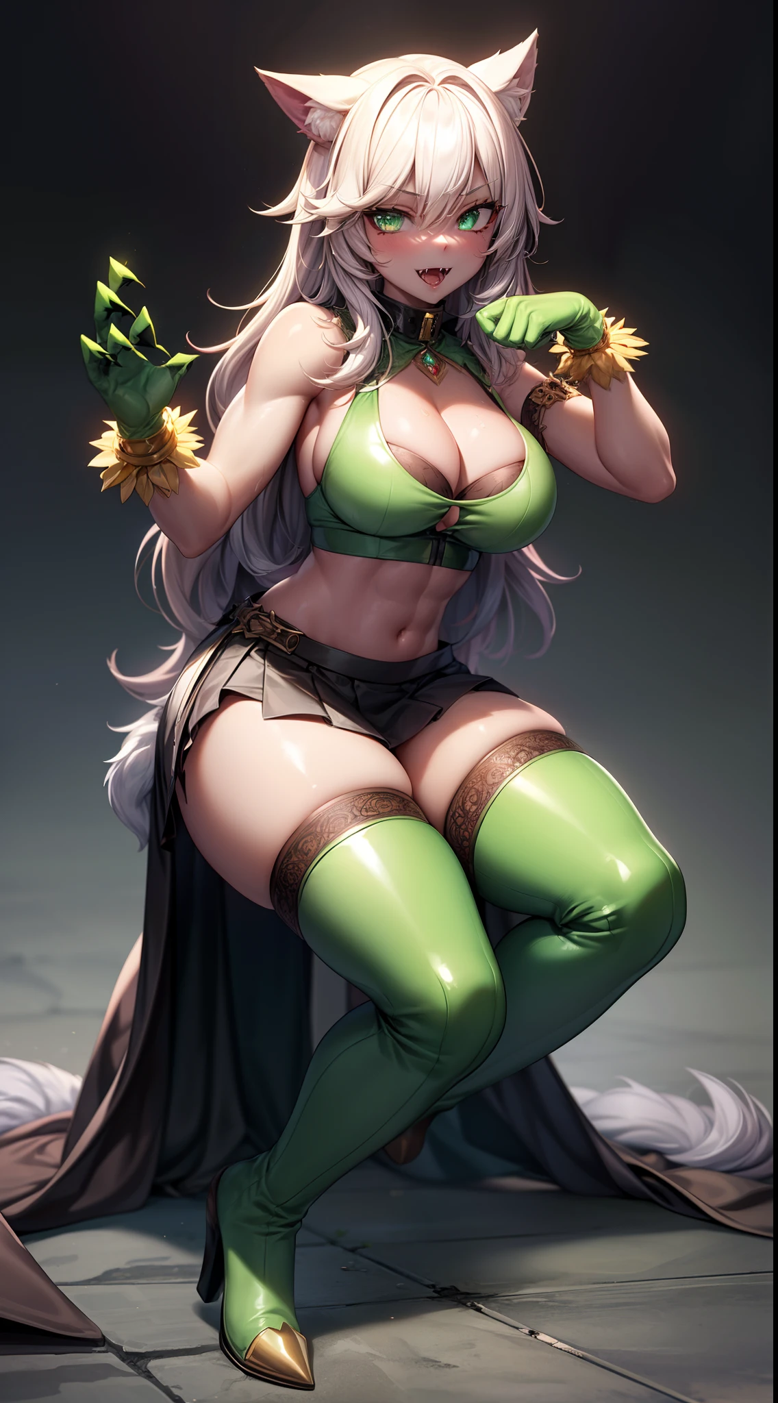 werewolf girl, ((fluffy skin)), paws on foots, fluffy fur on body, ((fangs)), ((claws)), tight crop top, cleavage, decolette, huge metal bracelets, huge metal collar, high over-the-knee boots, light green extremely_detailed_(lacy, fur, silk, satin)_(clothing, skirt), (light green clothing), detailed face, detailed beautiful shiny eyes, slit pupils, metallic reflections, futuristic city square, (tatooed, marked)_fit_muscular_body, (((1girl))), portrait, (full body), natural breasts, medium length hair, masterpiece, best quality, beautiful and aesthetic:1.2, fractal art:1.4, 16K, HDR, RTX, Ray Tracing, Radiosity, Anisotropic Filtering, Subsurface Scattering