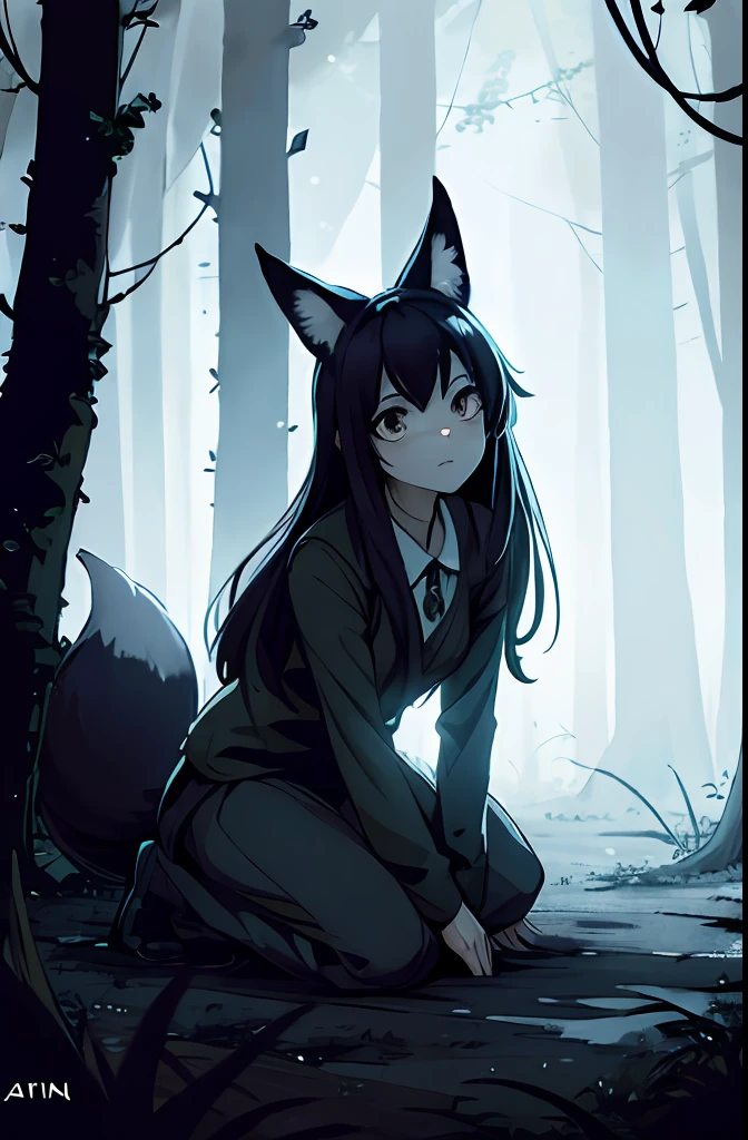 girl with a fox in dark and scary forest