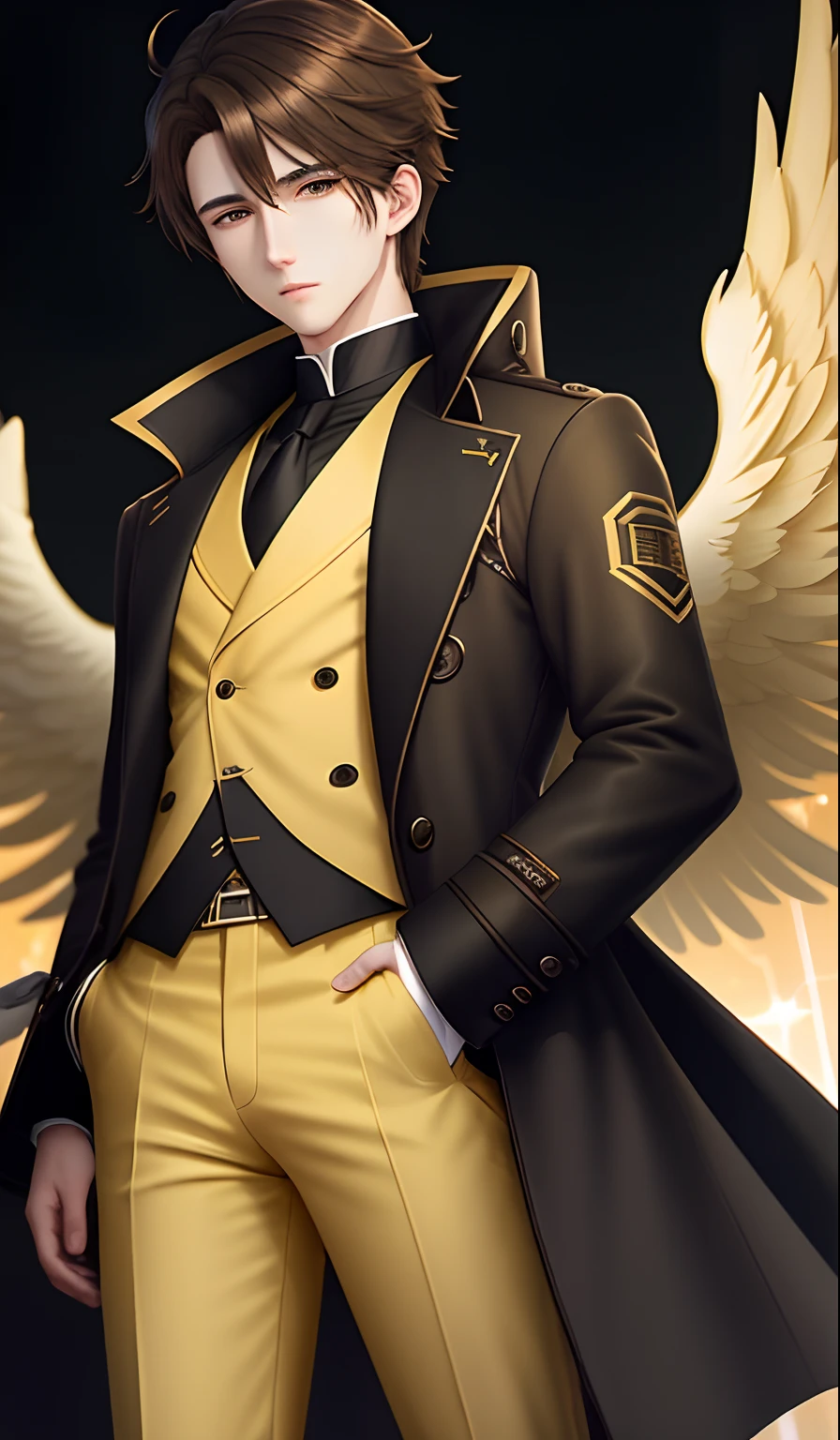 Watchless man with brown hair and black eyes with angel wings light yellow overcoat with black anime-style pants