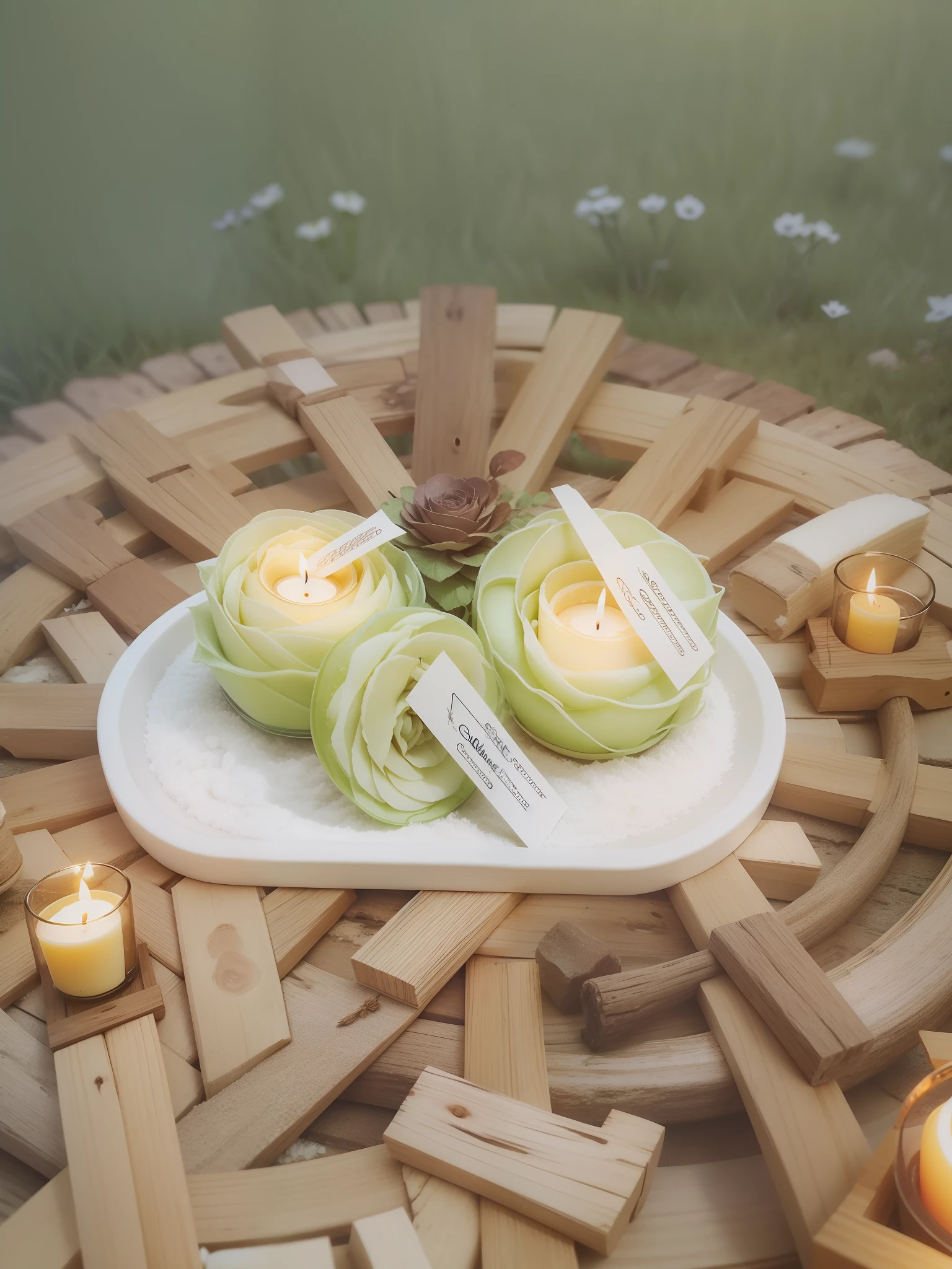 Flavored candle with animation, rustic garden, Realistic photo, luz focando as velas, disco Rigido, 8k. Vela animada realista. Grama verde