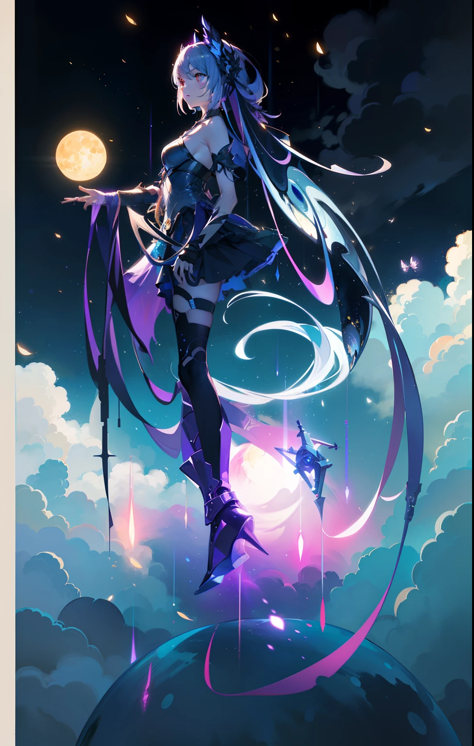 Vast landscape photo, (viewed from below, the sky is above and the open field is below), a girl standing on a flower field looking up, (full moon: 1.2), (meteor: 0.9), (nebula: 1.3), distant mountains , Trees BREAK Crafting Art, (Warm Light: 1.2), (Fireflies: 1.2), Lights, Lots of Purple and Orange, Intricate Details, Volumetric Lighting, Realism BREAK (Masterpiece: 1.2), (Best Quality), 4k, Ultra-Detailed, (Dynamic Composition: 1.4), Very Detailed, Colorful Details, (Rainbow Colors: 1.2), (Glow Lighting, Atmospheric Lighting), Dreamy, Magical, (Solo: 1.2)