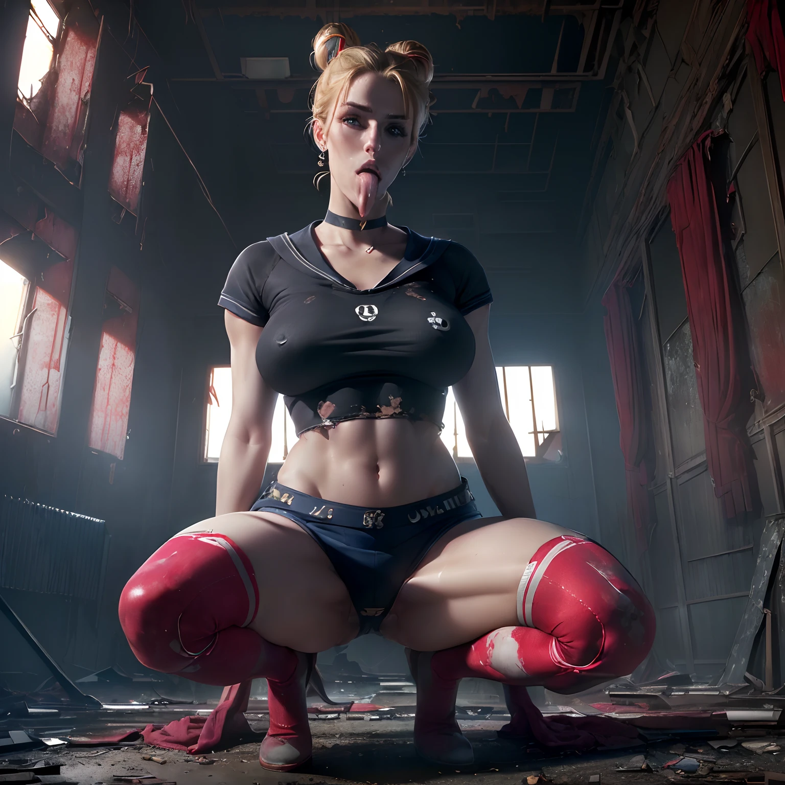 (masutepiece, Best Quality, Ultra High Resolution, 16 K, absurderes:1.3), 1girl in, (Sexy, Beautiful woman, Perfect face, Perfect eyes, Perfect female body, ultra gigantic tits:1.5, Realistic nipple:1.25, (Blonde hair:1.1, Double bun:1.15, Twin-tailed:1.1, Parted bangs, circlet, Jewelry, earrings, Choker, Red bow, White elbow gloves:1.1, Blue skirt:1.15, Red boots with white trim), (Squat and open your legs to the viewer:1.2, Ultra-realistic tongue sticking:1.55), (Interior of a realistic abandoned building:1.2, Dark atmosphere:1.5), Perfect Lighting,