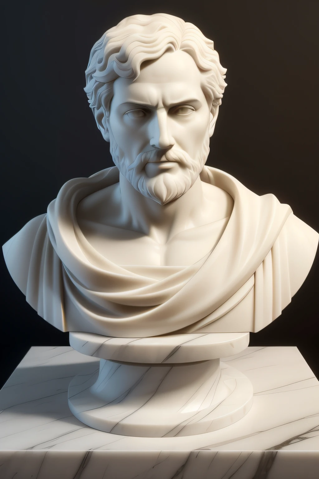 um close up de um busto de um homem com barba, cinematic bust portrait, marble bust, escultura realista de 8k bernini, rosto estoico, cinematic bust shot, retrato do busto, made of carrara marble, renderizado em corona, cinematic close-up of bust, estoico e calmo, Stoic attitude, Pose estoica, 3 d sculpture of carving marble