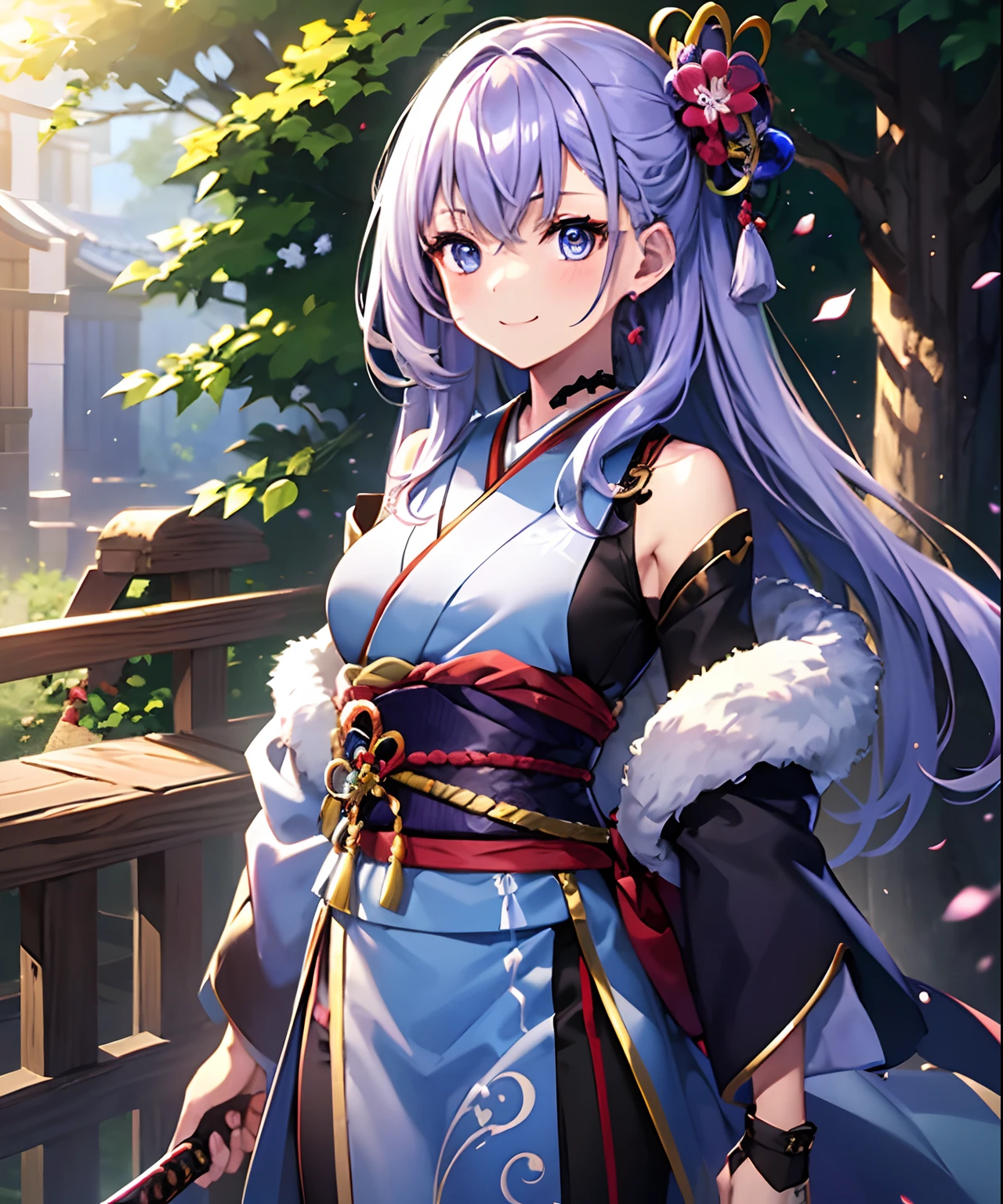 (((​masterpiece)))、(((top-quality)))、((ultra-detailliert))、1girl in、A smile、The long-haired、Light purple hair、strong breeze、In nature、Holding a sword in his hand、Kimono、（１Japan sword of the book）、Longsword、battle field