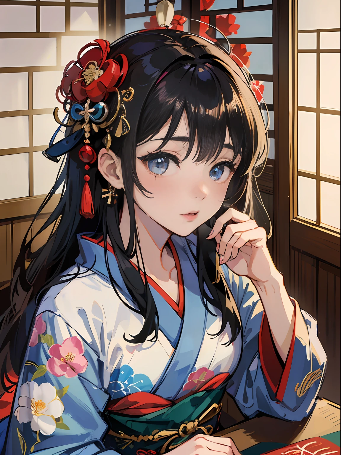 Master Pieces,hyper quality, Hyper Detailed,Perfect drawing,独奏、Beauty in the world、Komono、Japanese dress、Black-haired、Japanese hair、Colorful Japan kimono、Nishijin Ori、Delicate and smart eyes、Half-open lips、sidelong glance、Graceful、Gorgeous、Beautiful、red blush(0.2)、Dazzling、Stunning、Gorgeous、Gentle、Shunguang、natural soft light、Flowers and Birds Fugetsu、traditional Japanese room、Accurate drawing、Detailed drawing、