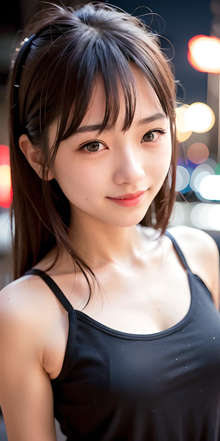 1girl, Tokyo street,night, cityscape,city lights,upper body,close-up,smile,, (8k, RAW photo, best quality, masterpiece:1.2),(realistic, photo-realistic:1.37),