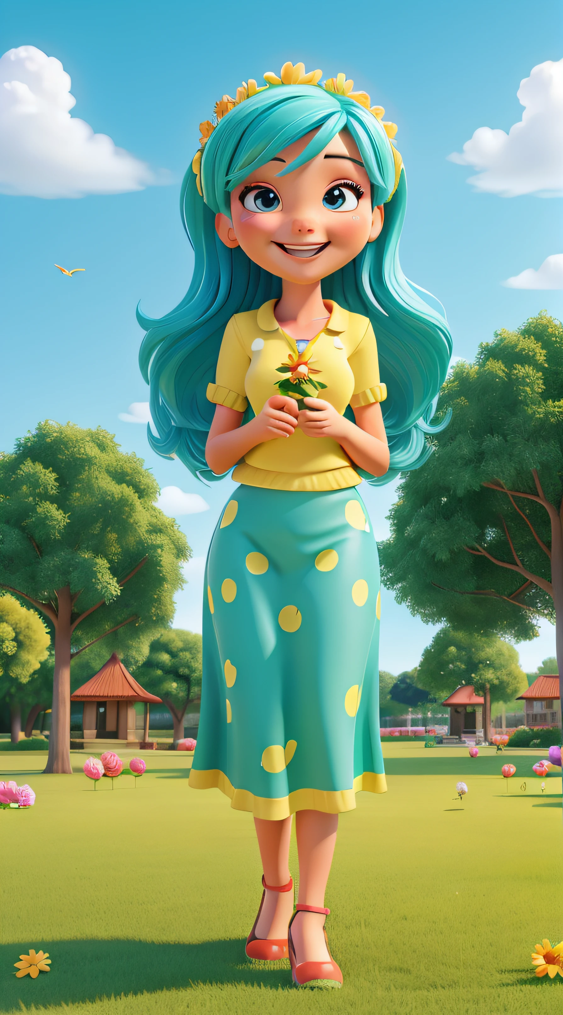 (WOMAN), best quality, cheerful and vibrant, cheerful atmosphere, Happy people, smiling faces, sunny day, blue sky, lush green grass, (laughter and joy), (playful and lively atmosphere), warmth and happiness"