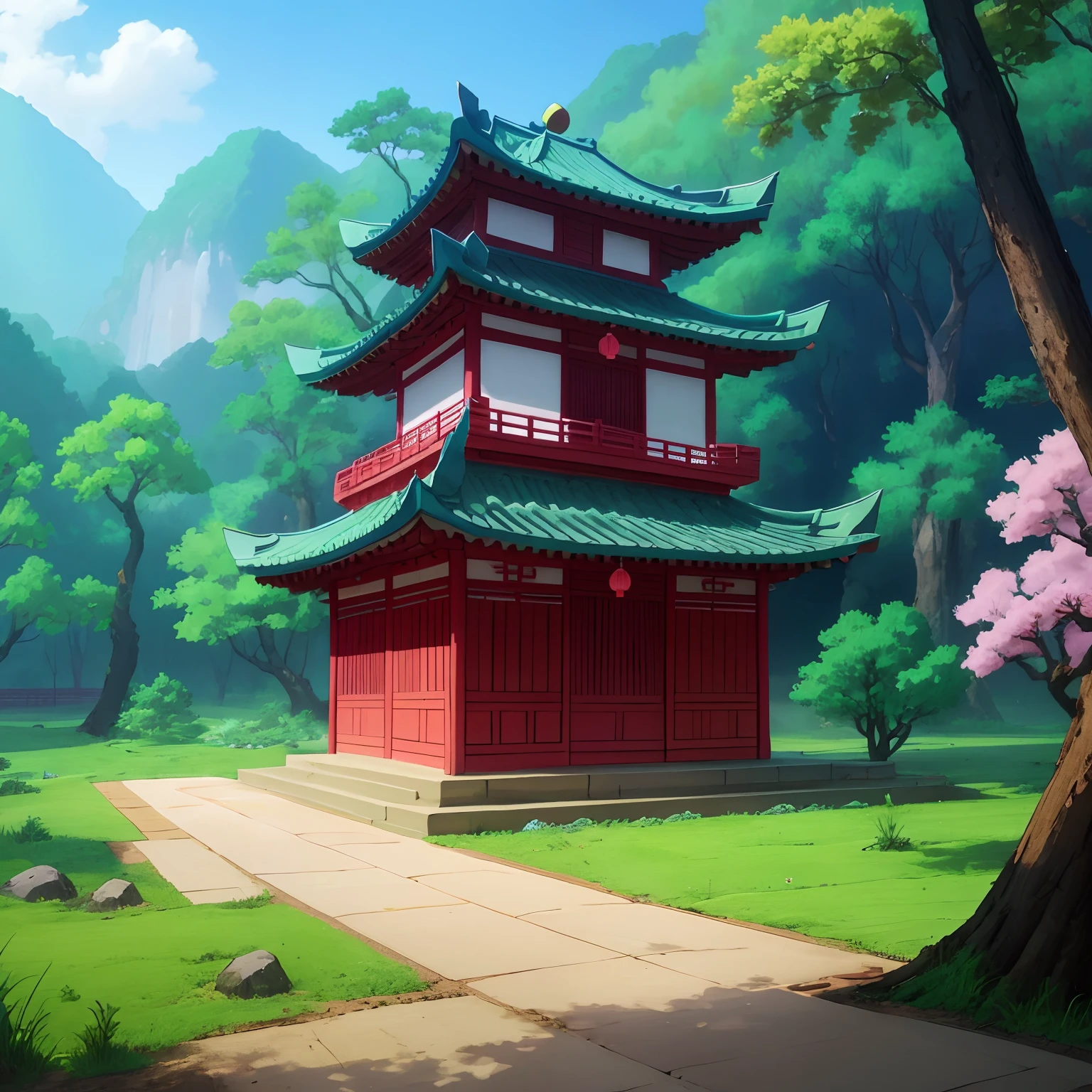 Chinese-style anime landscape，ln the forest，There are trees, There are meadows, There are flowers and small grasses，4k高清