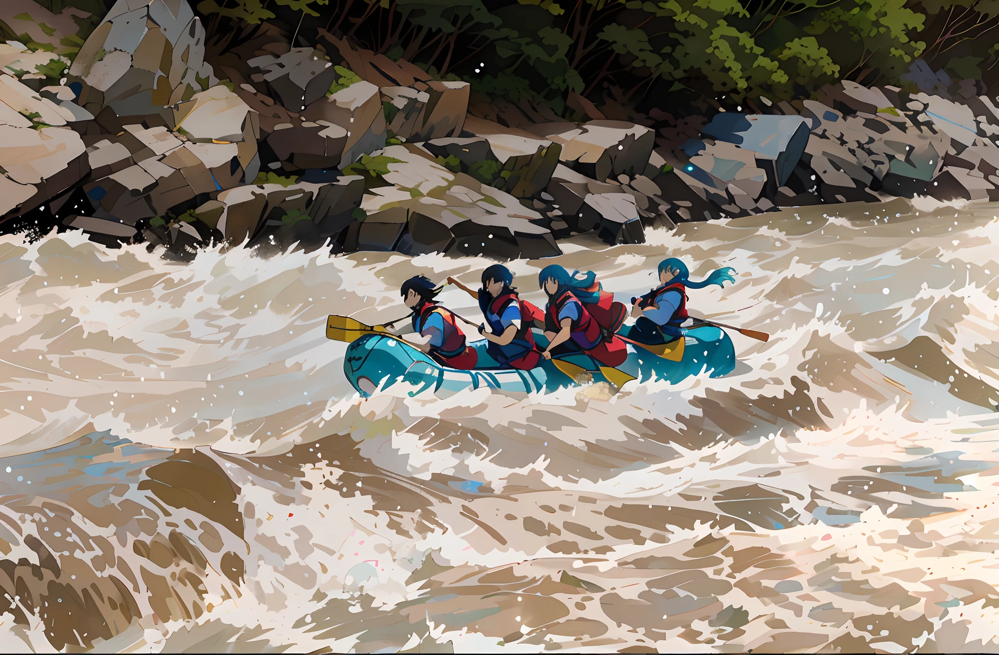 Anime-style digital illustration by Studio Ghibli, Excellent quality illustration, , colores vibrantes, personas en una balsa haciendo rafting en un rio salvaje, intenso, emocionante, contraste, brillos del agua azul, colores vivos