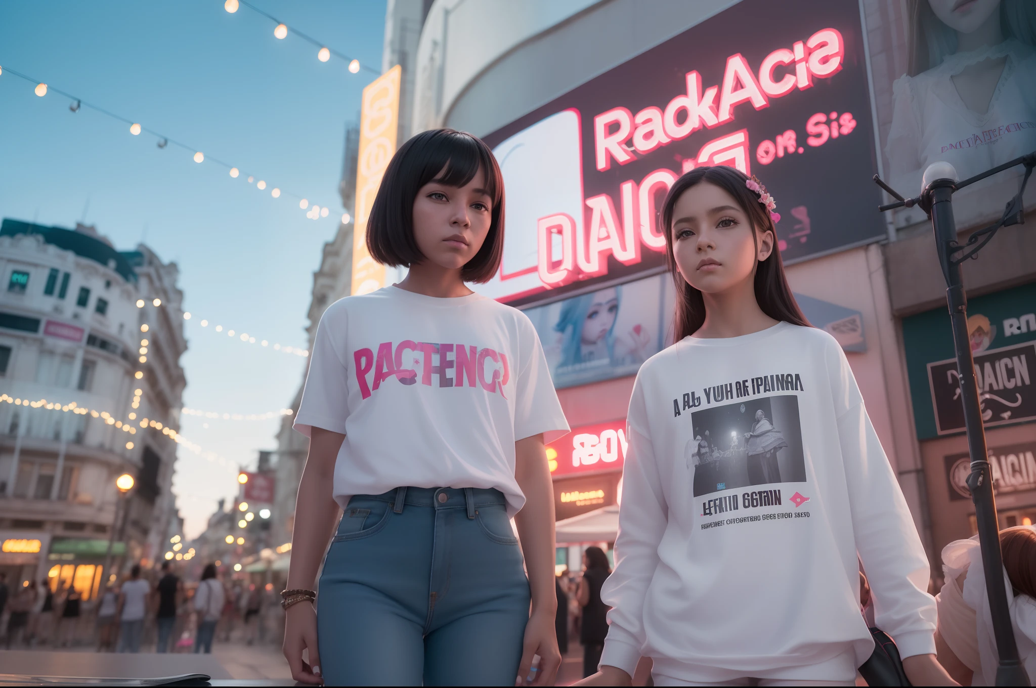 digital art, 3D, realistic. Alfons Mucha, raytracing. English text with neon letters "DAME PACIENCIA", superimposed over the upper side. Portrait of cute chibi BJD doll girls and chibi BJD doll boys dressed with jeans, white T-shirts and red or black leather jackets, holding a billboard, text written on the billboard "DAME PACIENCIA" with neon pale aqua letters. They are gathering together before a rock concert in Rock in Rio. Nice city square with flowers, plants, trees and old style street farolas. Illuminated by sunset light and neon letters. High definition, highly detailed. Great angular, great depth of field.