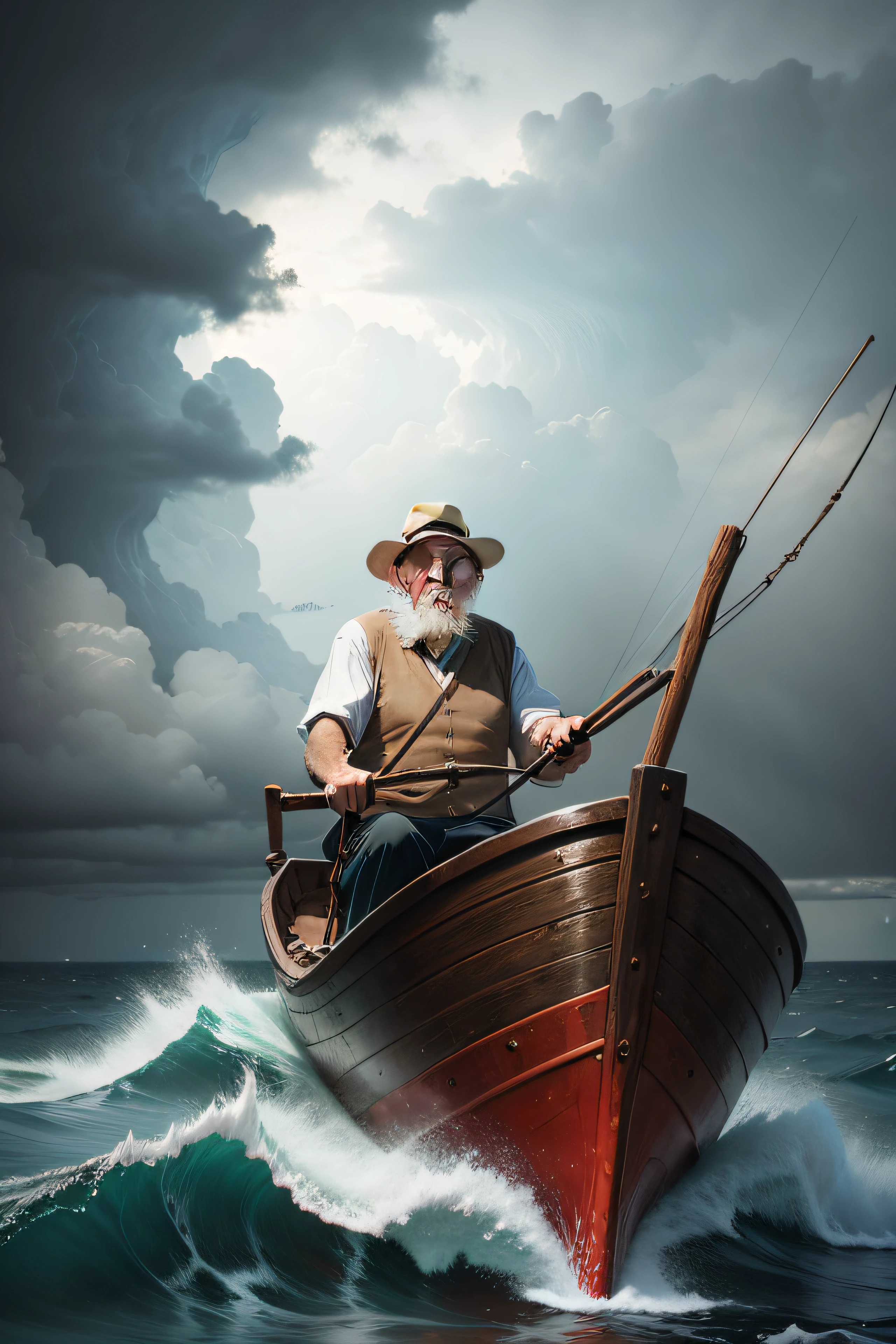 an old man driving a boat thru a storm